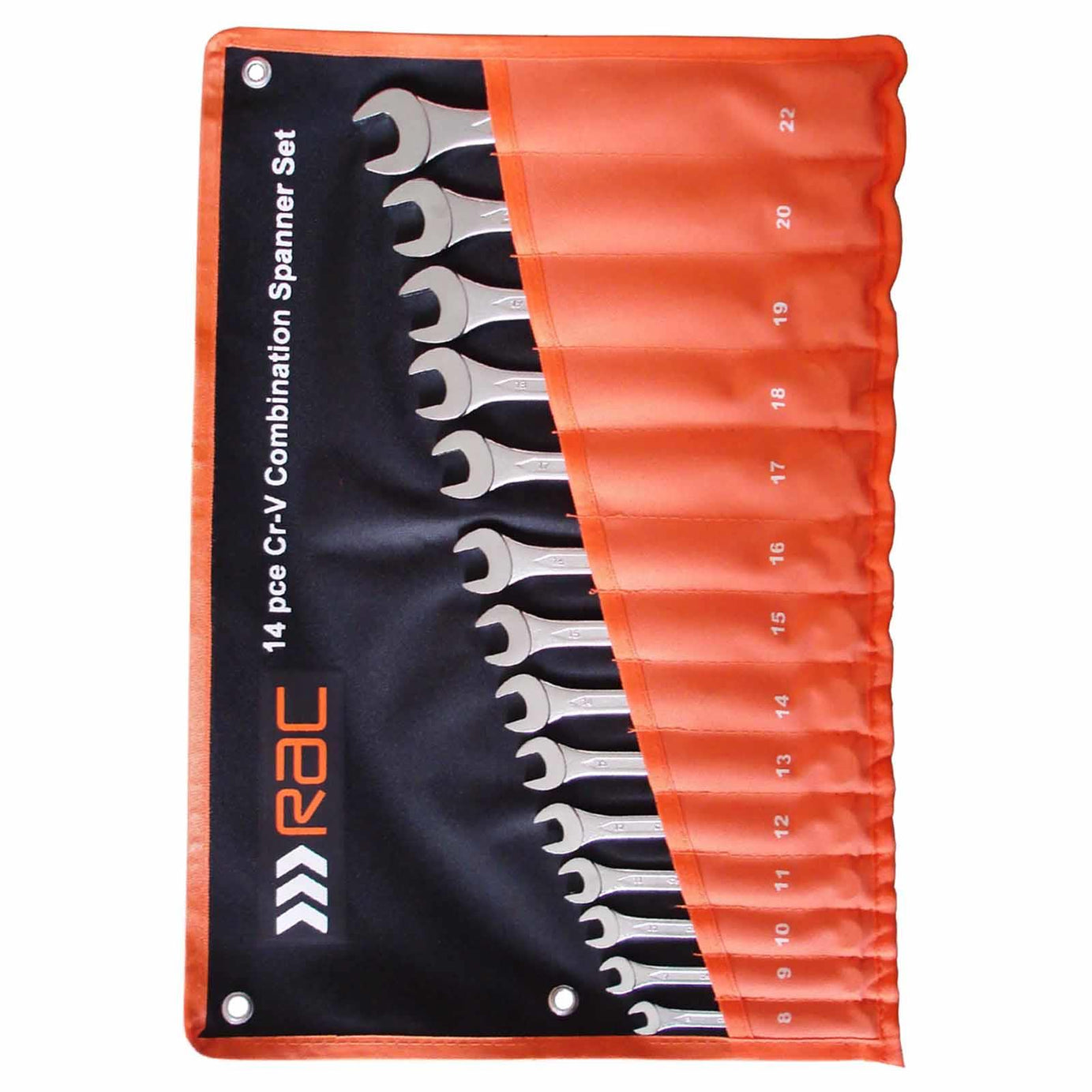 RAC 14PC METRIC COMBINATION OPEN RING CHROME SPANNER WRENCH SET IN CASE 8-22MM