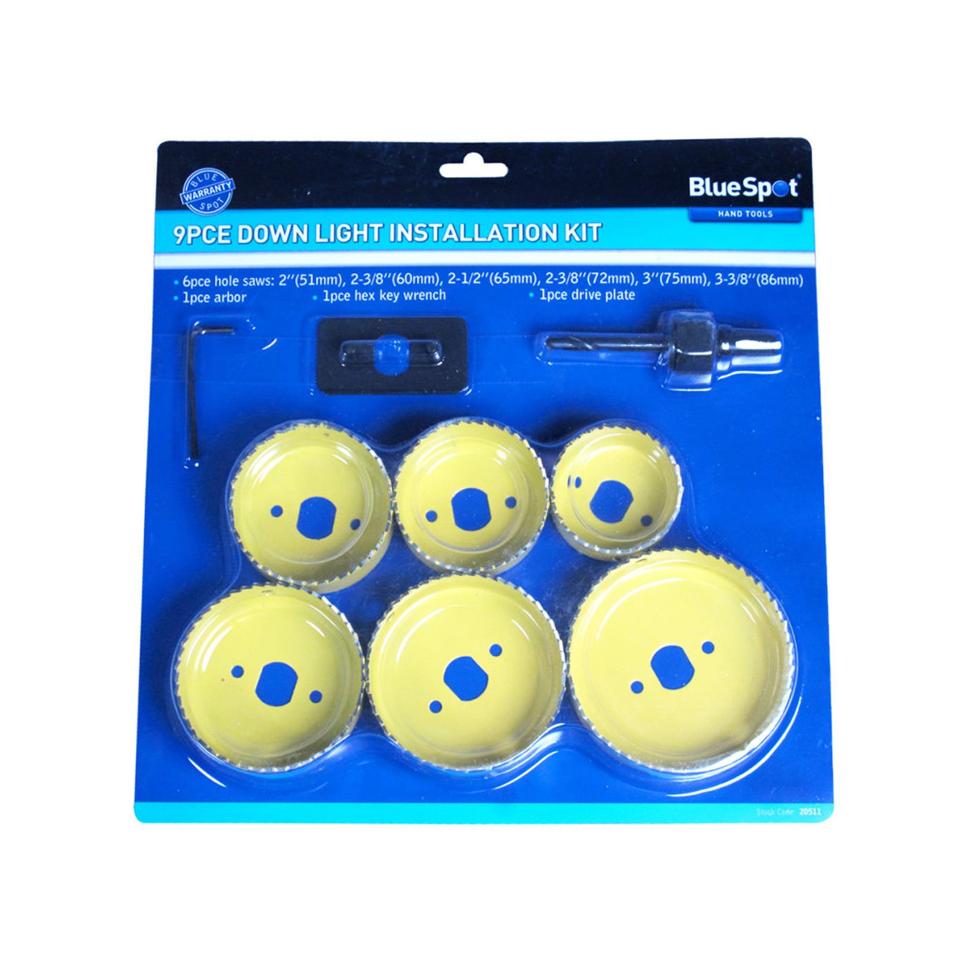 BlueSpot 9PCE Downlight Installation Kit (51-86mm) Multiple Size Holesaws For Downlight