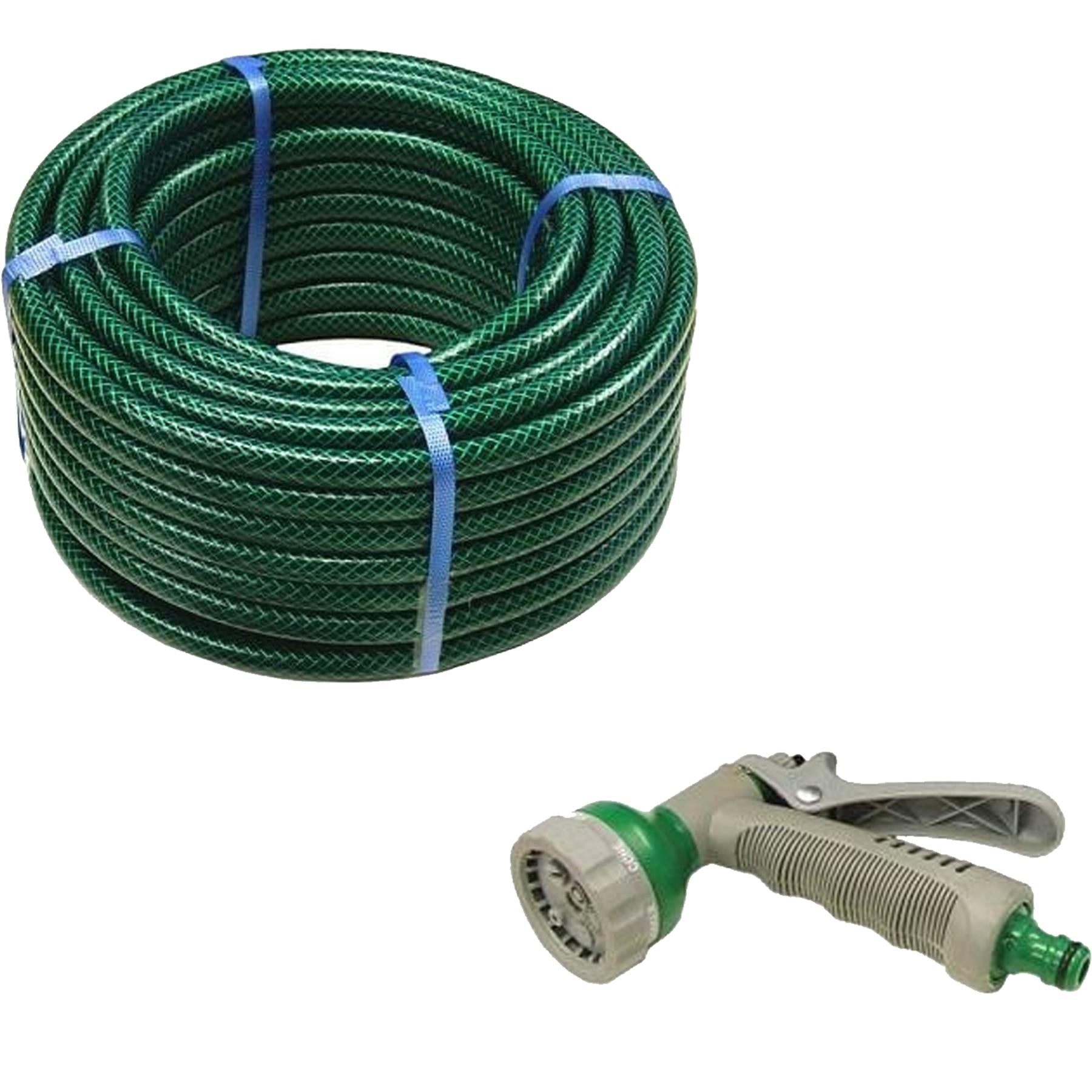 30M Garden Hose Pipe Reinforced PVC Watering Hosepipe + Spray Gun Set Green
