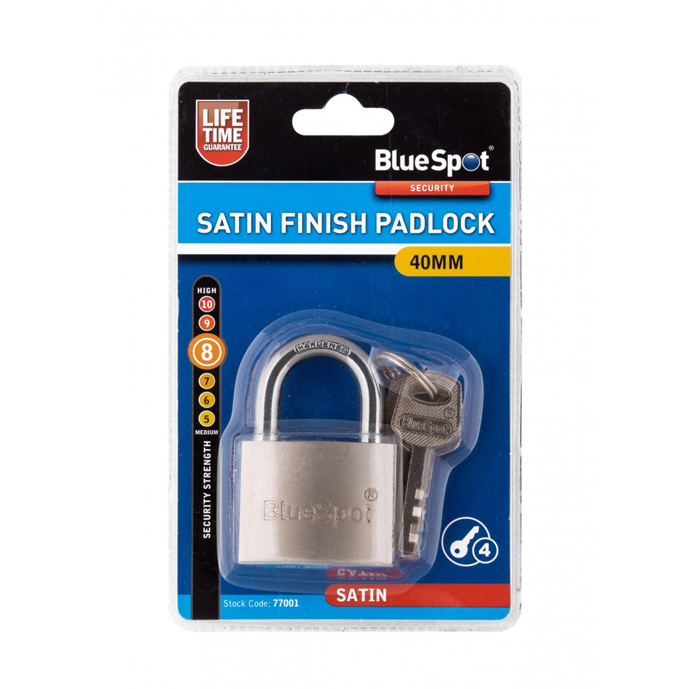 Bluespot 40mm Satin Finish Padlock Hardened Shackle Brass Cylinder 4 Keys