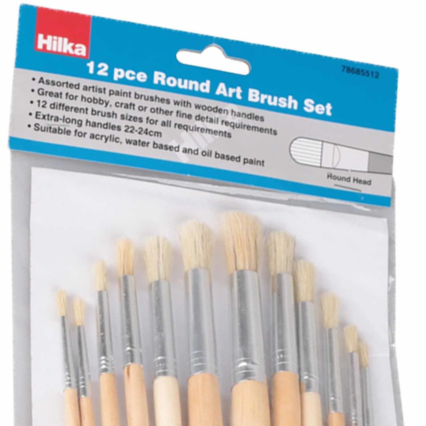 12 Pce Round Artist Paint Brushes Set Extra-long Handles 22-24cm Suitable For Acrylic, Water Based And Oil Based Paint