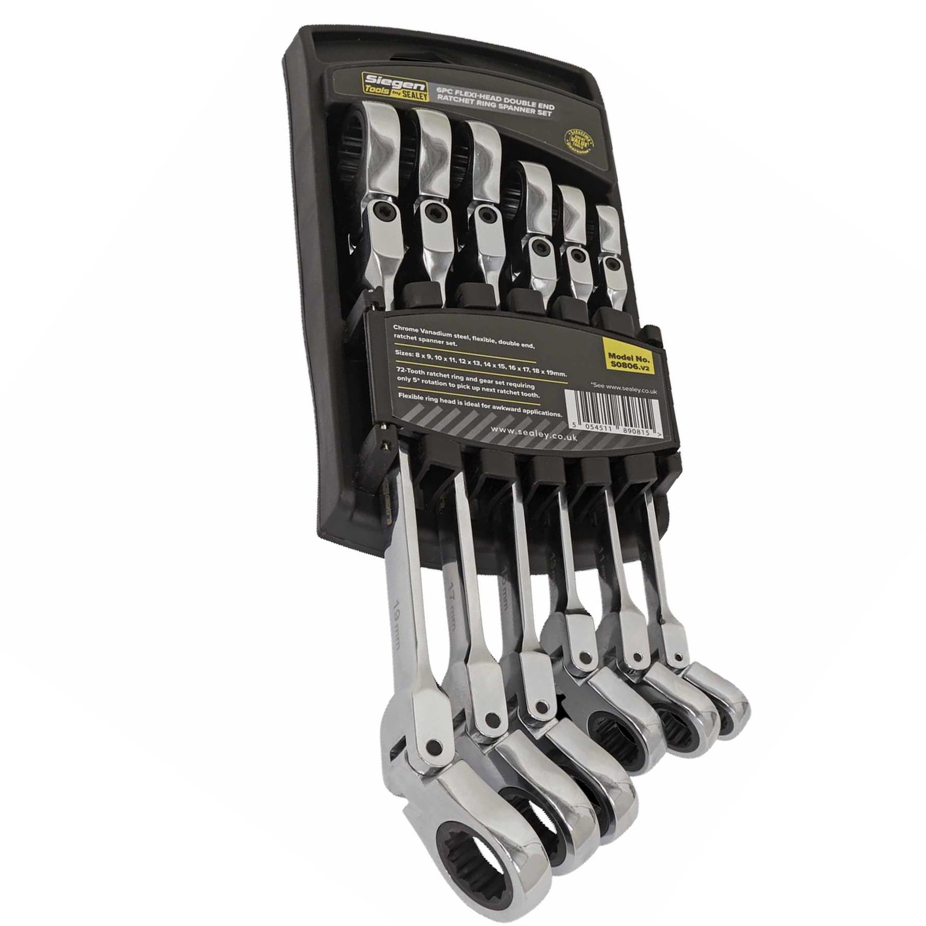 Sealey Flexi-Head Double End Ratchet Ring Spanner Set 6pc Metric