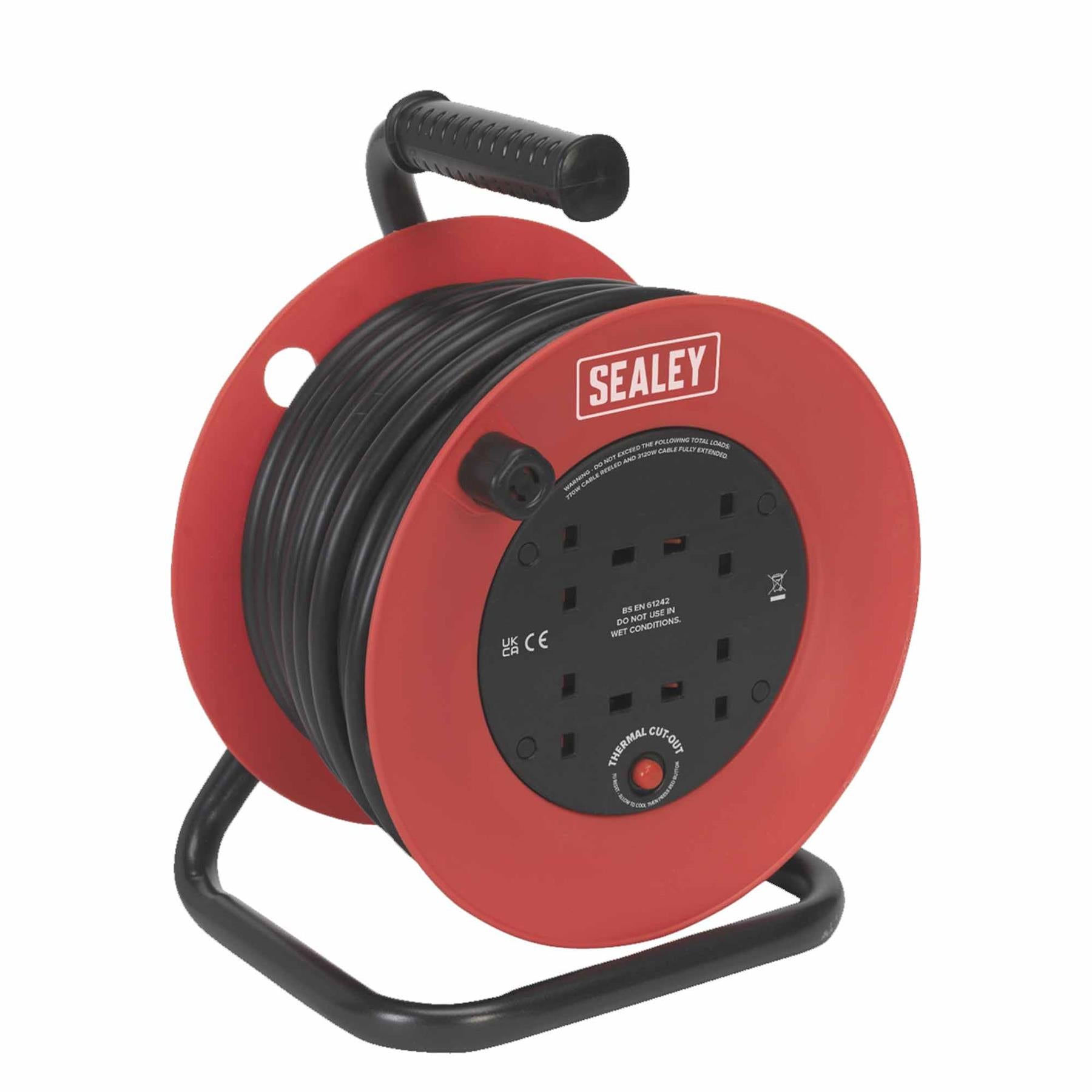 Sealey Cable Reel 25m 4 x 230V 2.5mm Heavy-Duty Thermal Trip CR22525
