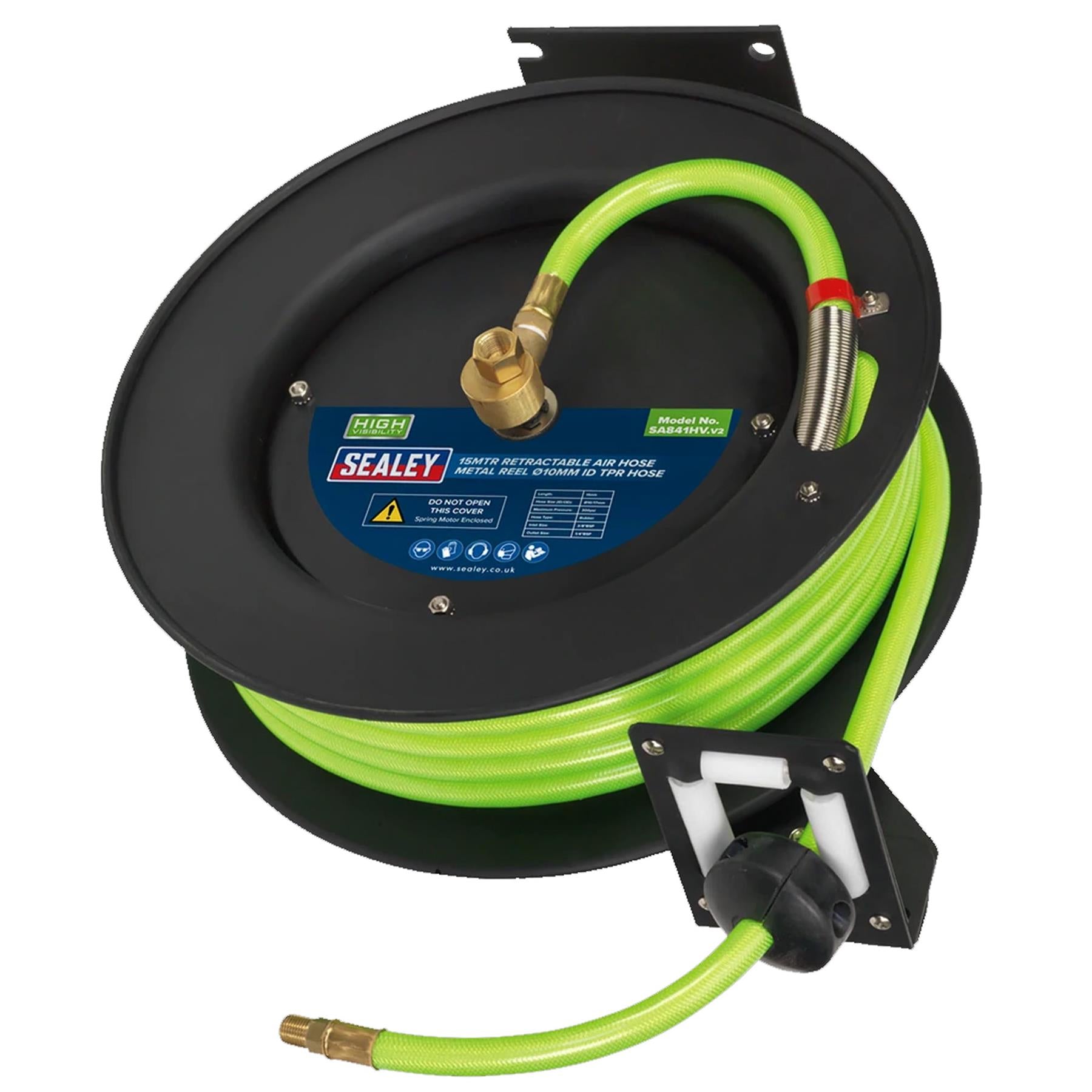 Sealey Retractable Air Hose Metal Reel 15m x 10mm ID Hi-Vis TPR