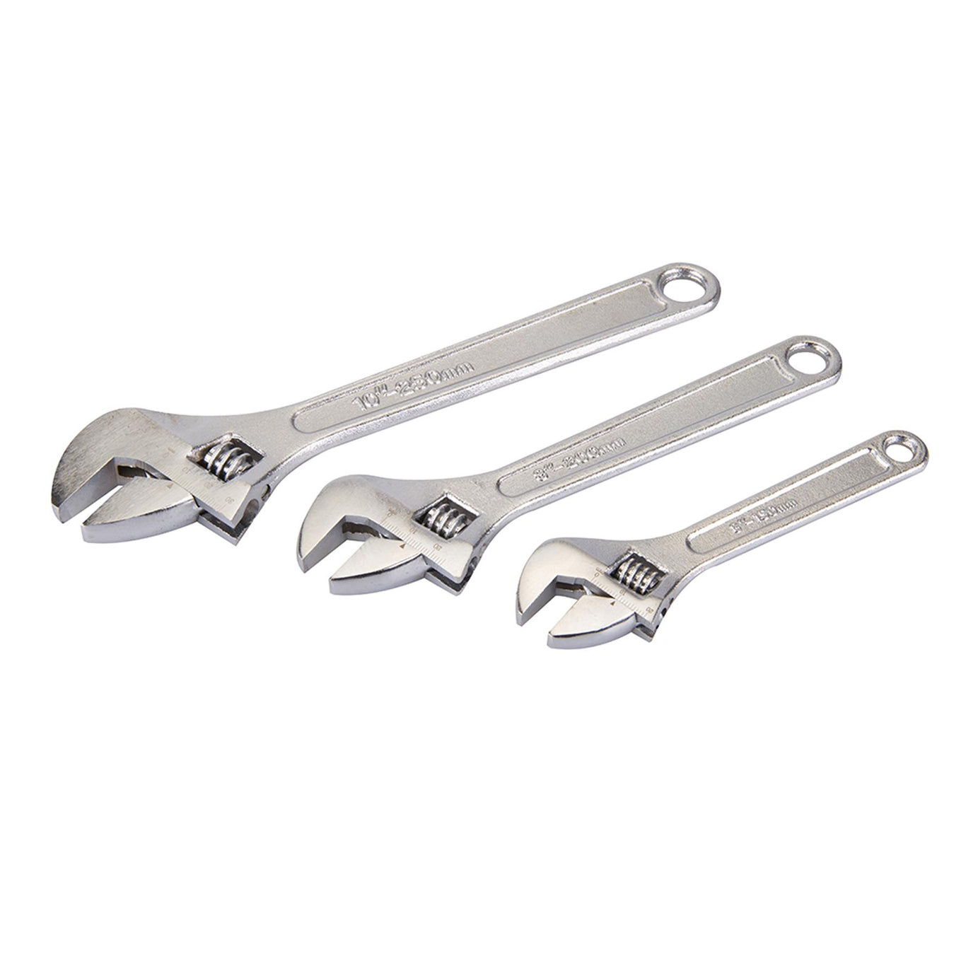 3Pce Adjustable Wrench Set 150, 200 & 250mm Chrome-Plated Carbon Steel