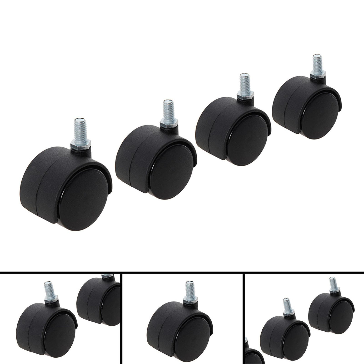 4Pk Twin Wheel Castor Bolt - 40mm Bolt Twin Swivel Action Non-Marking Tyres