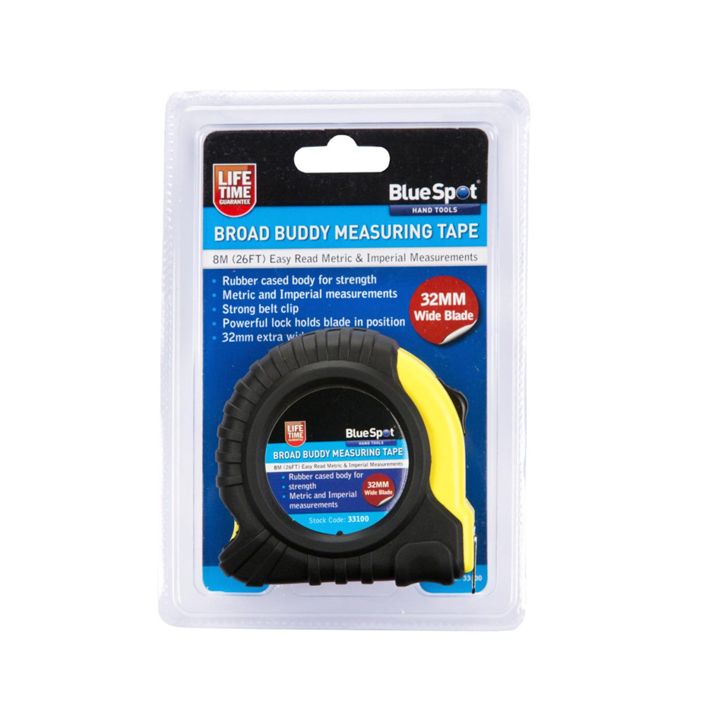 BlueSpot 8m 26Ft Extra Wide Blade Tape Measure Rubber Grip Metric & Imperial