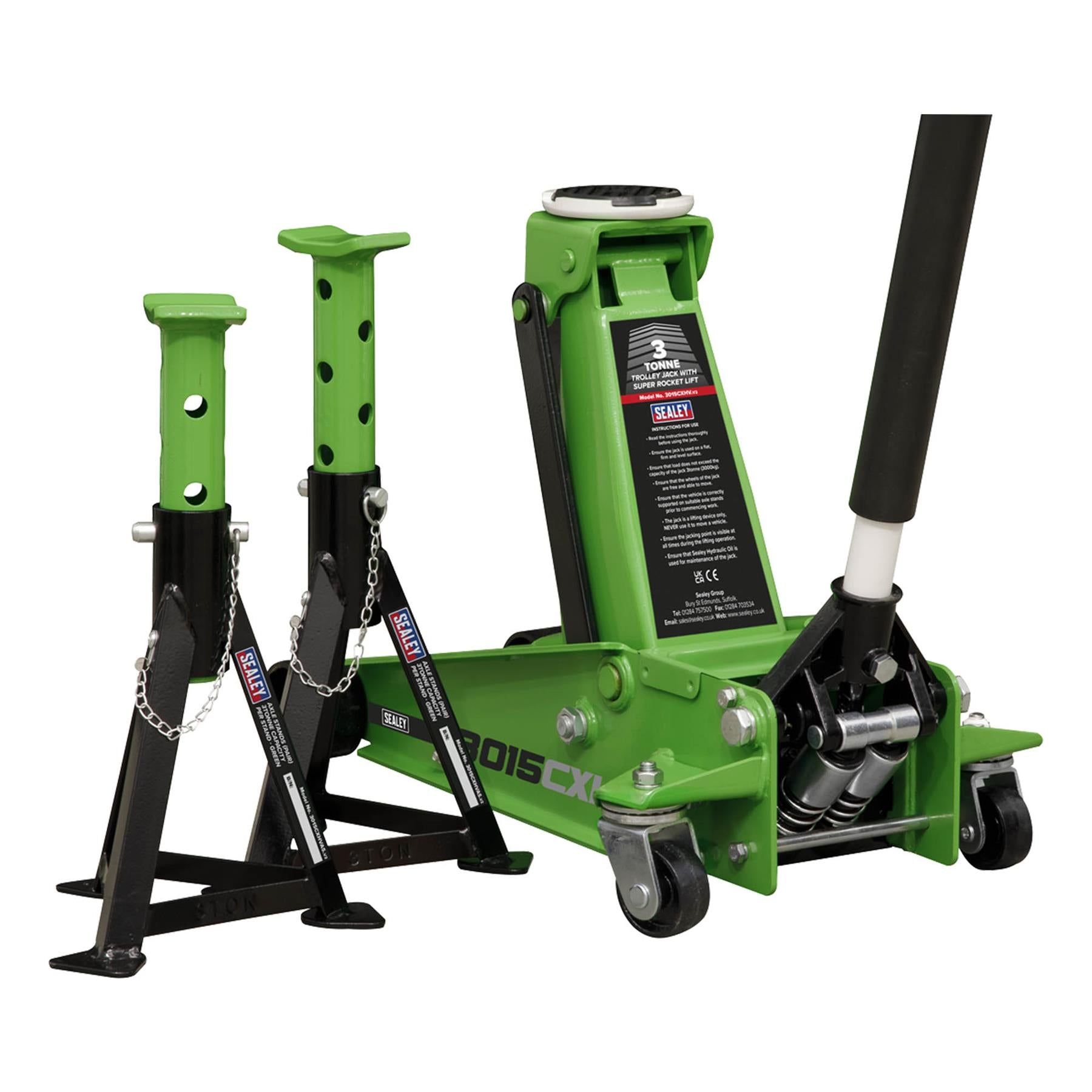 Sealey Trolley Jack 3 Tonne with Super Rocket Lift & Axle Stands (Pair) 3 Tonne Capacity per Stand-Hi-Vis