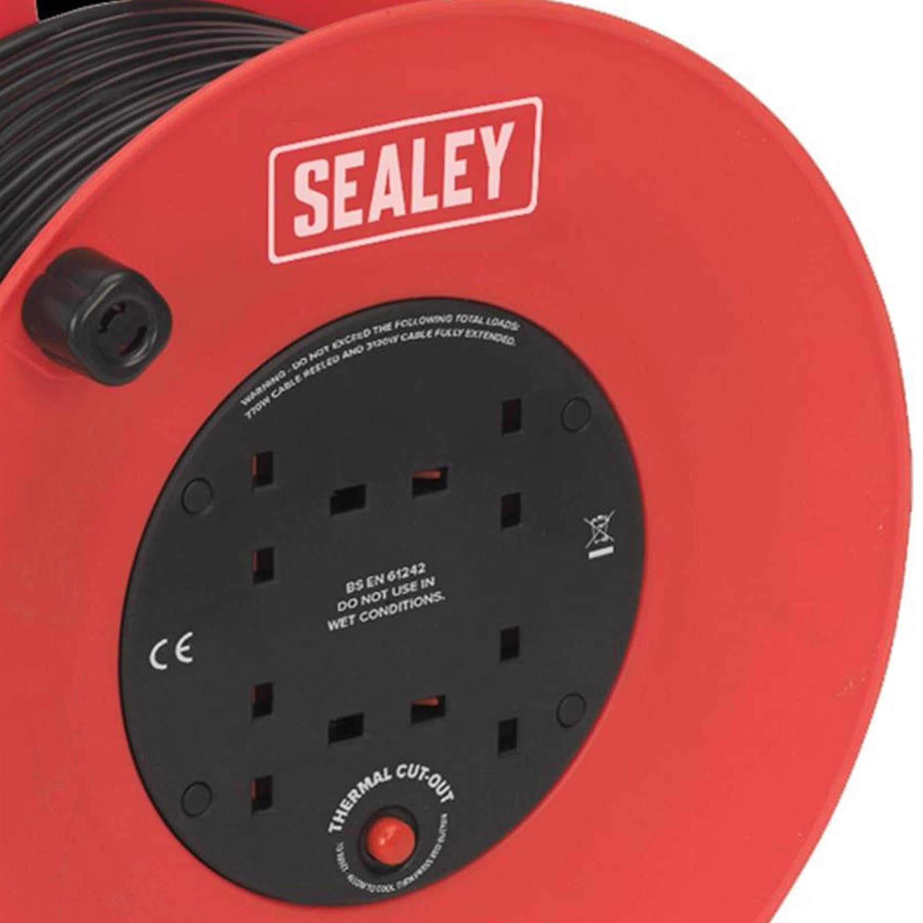 Sealey 4 Way Gang Socket Extension Heavy Duty 50m Cable Reel Electrical Lead
