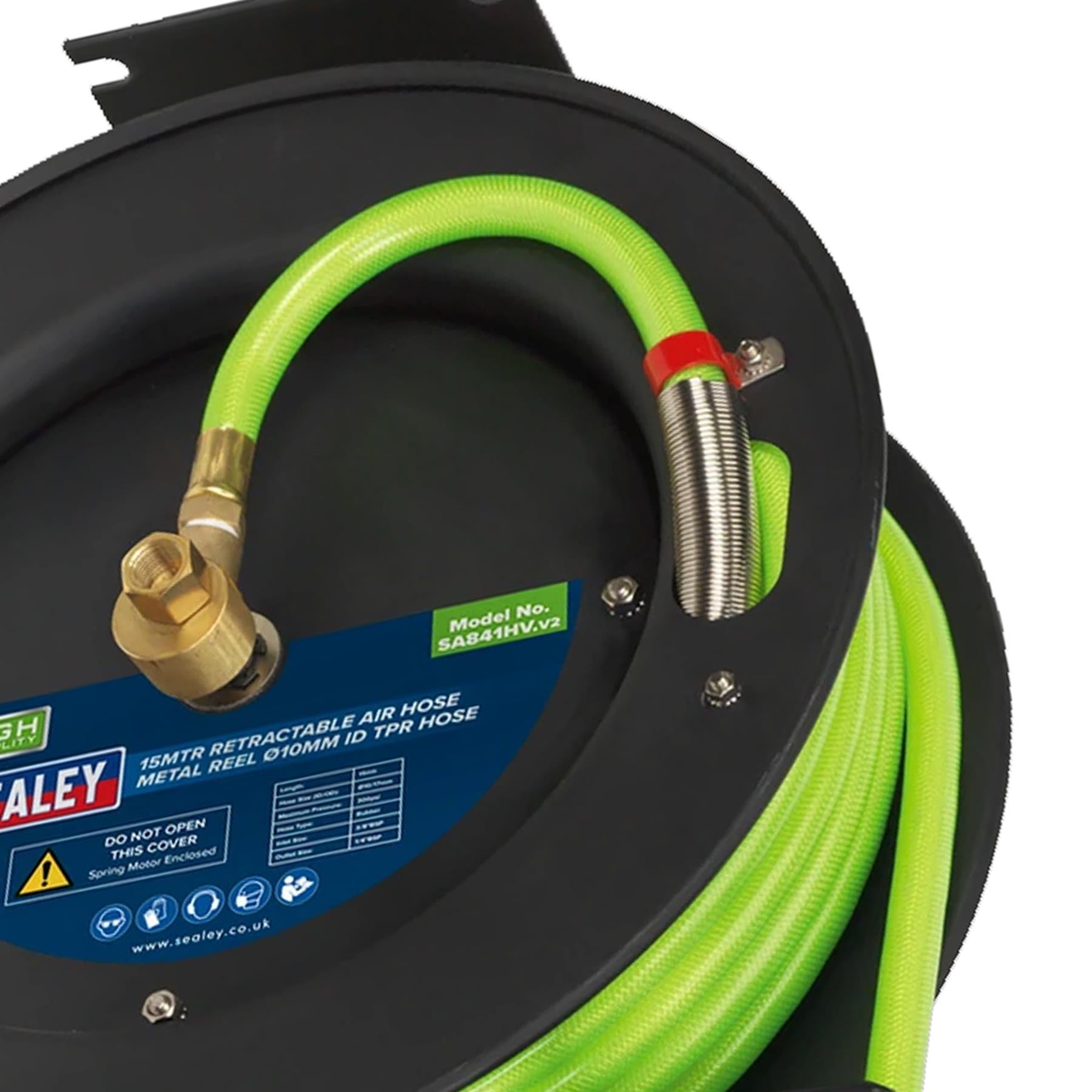 Sealey Retractable Air Hose Metal Reel 15m x 10mm ID Hi-Vis TPR
