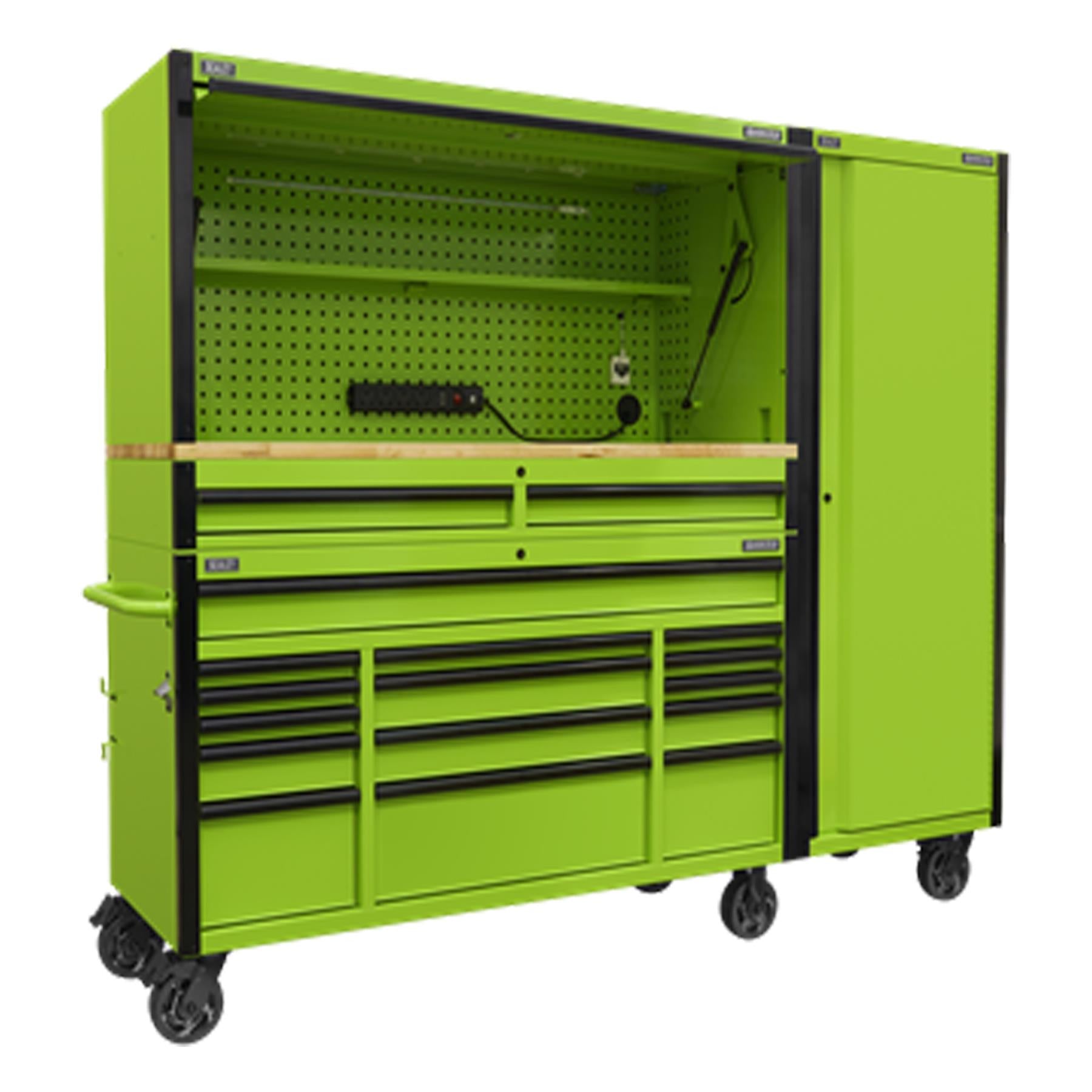 Sealey 15 Drawer 1549mm Mobile Trolley with Wooden Worktop, Hutch, 2 Drawer Riser & Side Locker