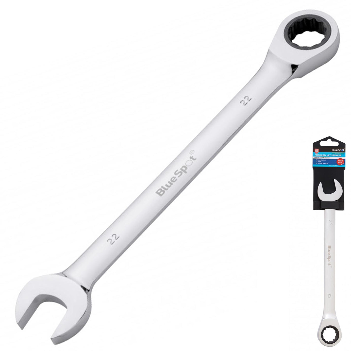 BlueSpot Fixed Head Ratchet Spanner 22mm Metric Chrome Vanadium Spanner