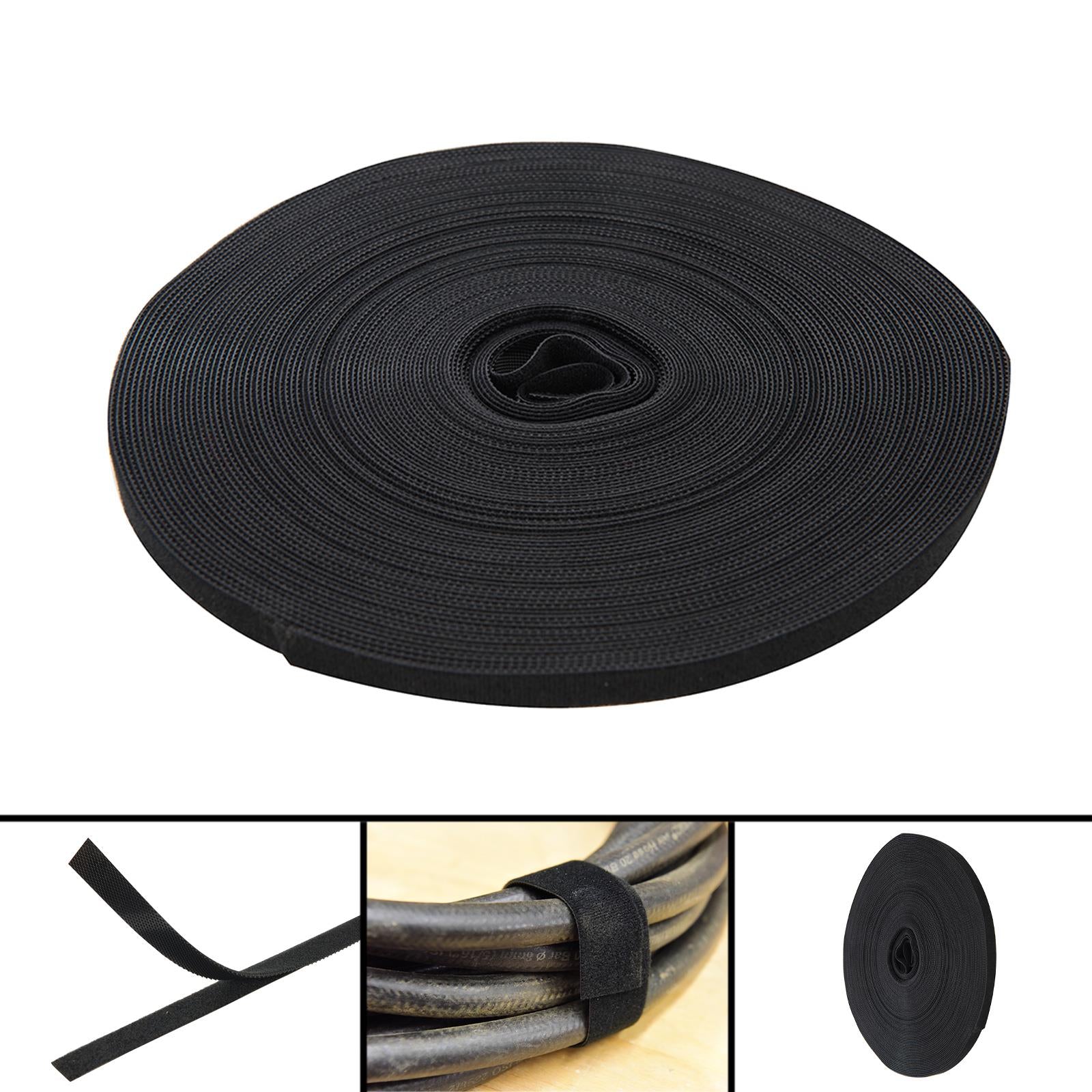 Self-Wrap Hook & Loop Tape Black - 10mm X 25M Double-Sided 100% Nylon Reusable