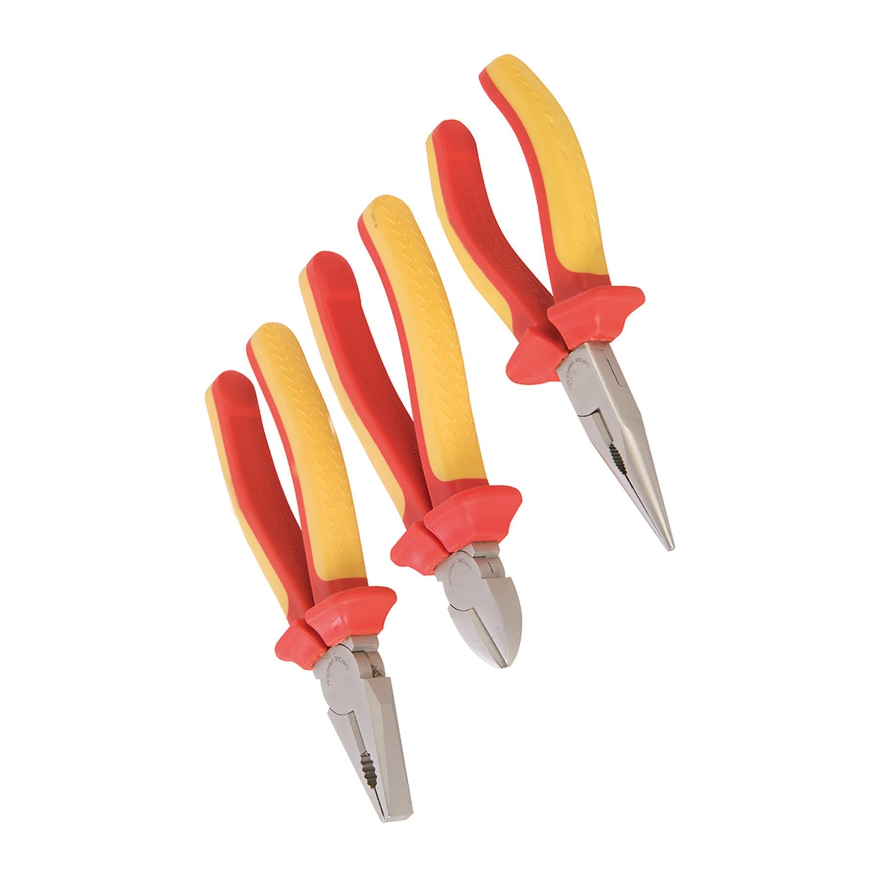 3pc Expert Electrician VDE Plier Set Insulated Long Nose Side Cutter Combination