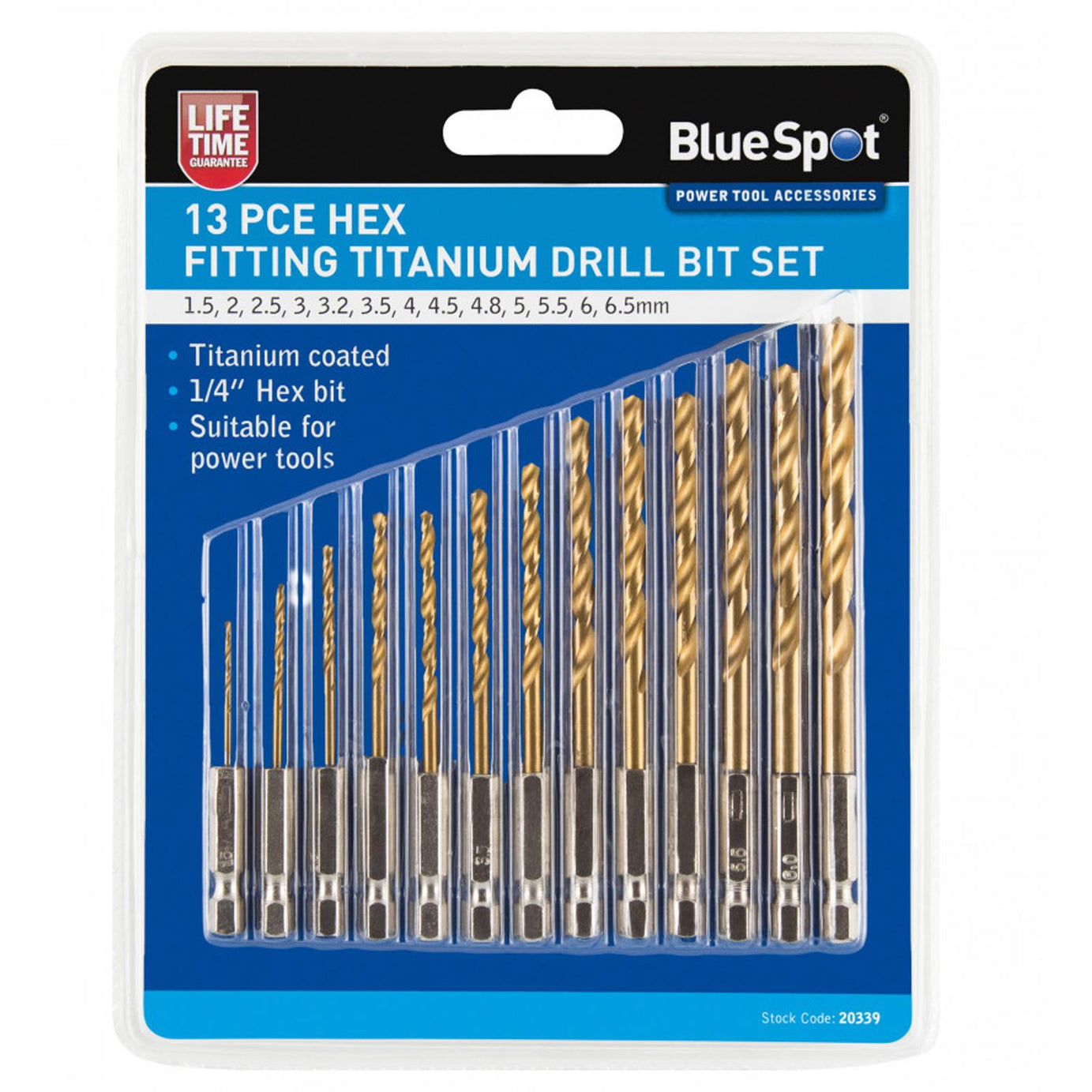 BlueSpot 13Pce Titanium Drill Bit Set HSS Titanium Coated Drill Bits Hex Shank 1.5 - 6.5mm