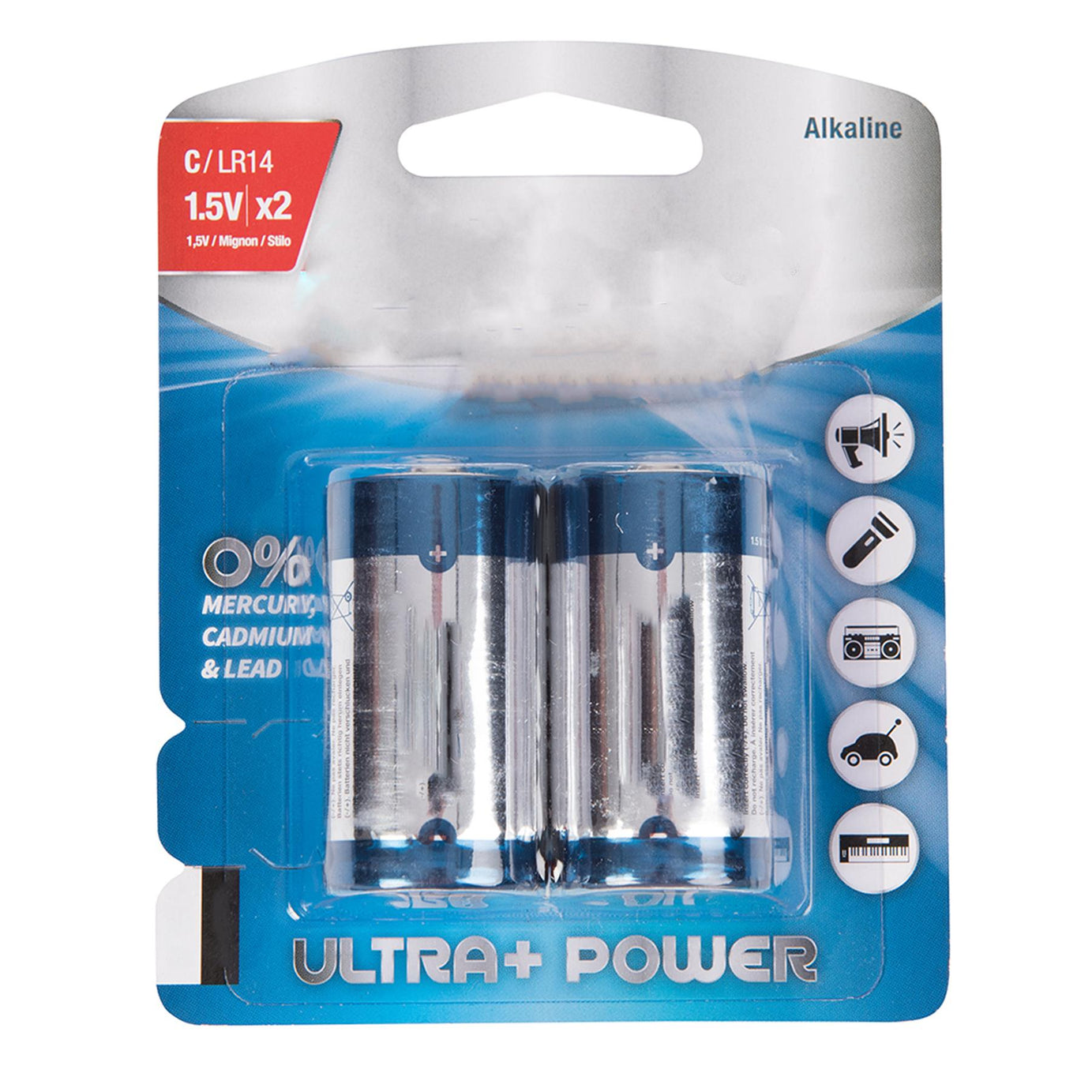 Long lasting high performance C-Type Super Alkaline Battery LR14 2pk  0% Mercury