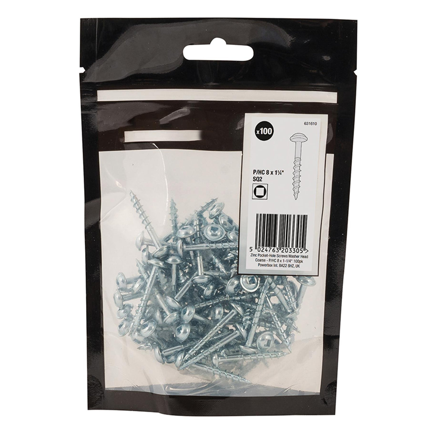 Zinc Pocket-Hole Screws Washer Head Coarse Thread Rust Resistant- 8x1-1/4" 100pk