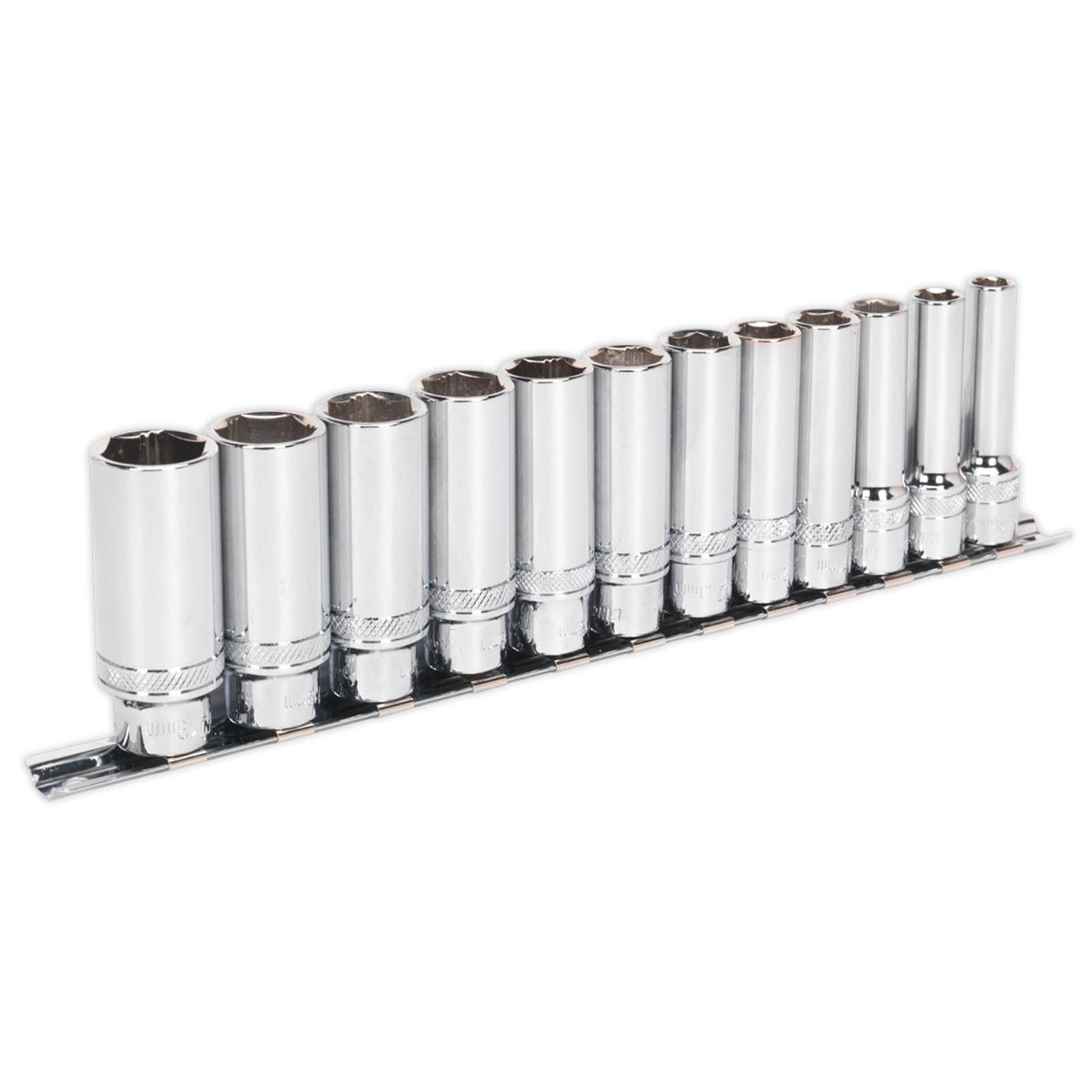Sealey Deep Lock-On Socket Set 3/8"Sq Dr 12pc 8-19mm 6pt Metric Long Reach