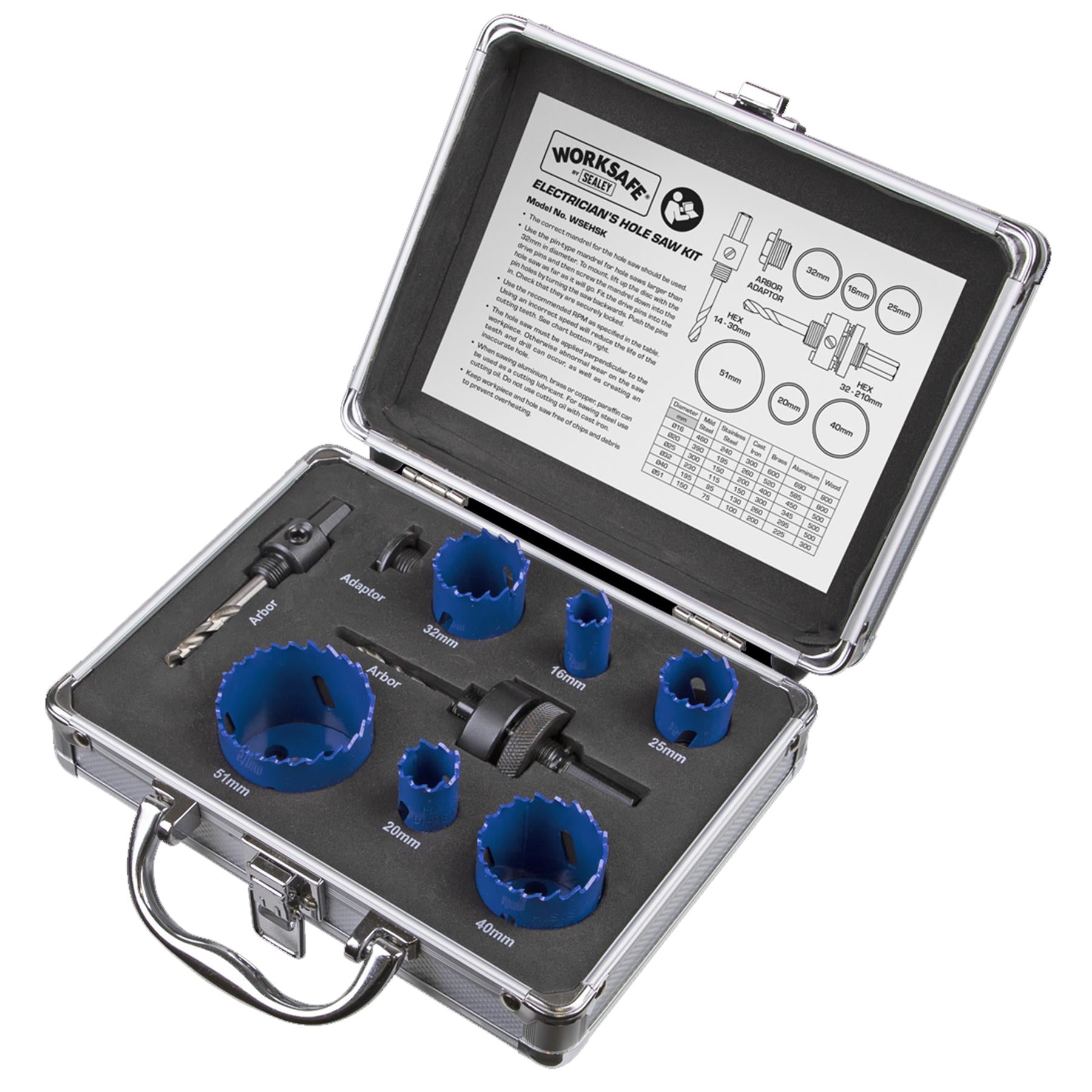 9 Piece Electricians Hole Saw Kit. Professional quality kit Sealey