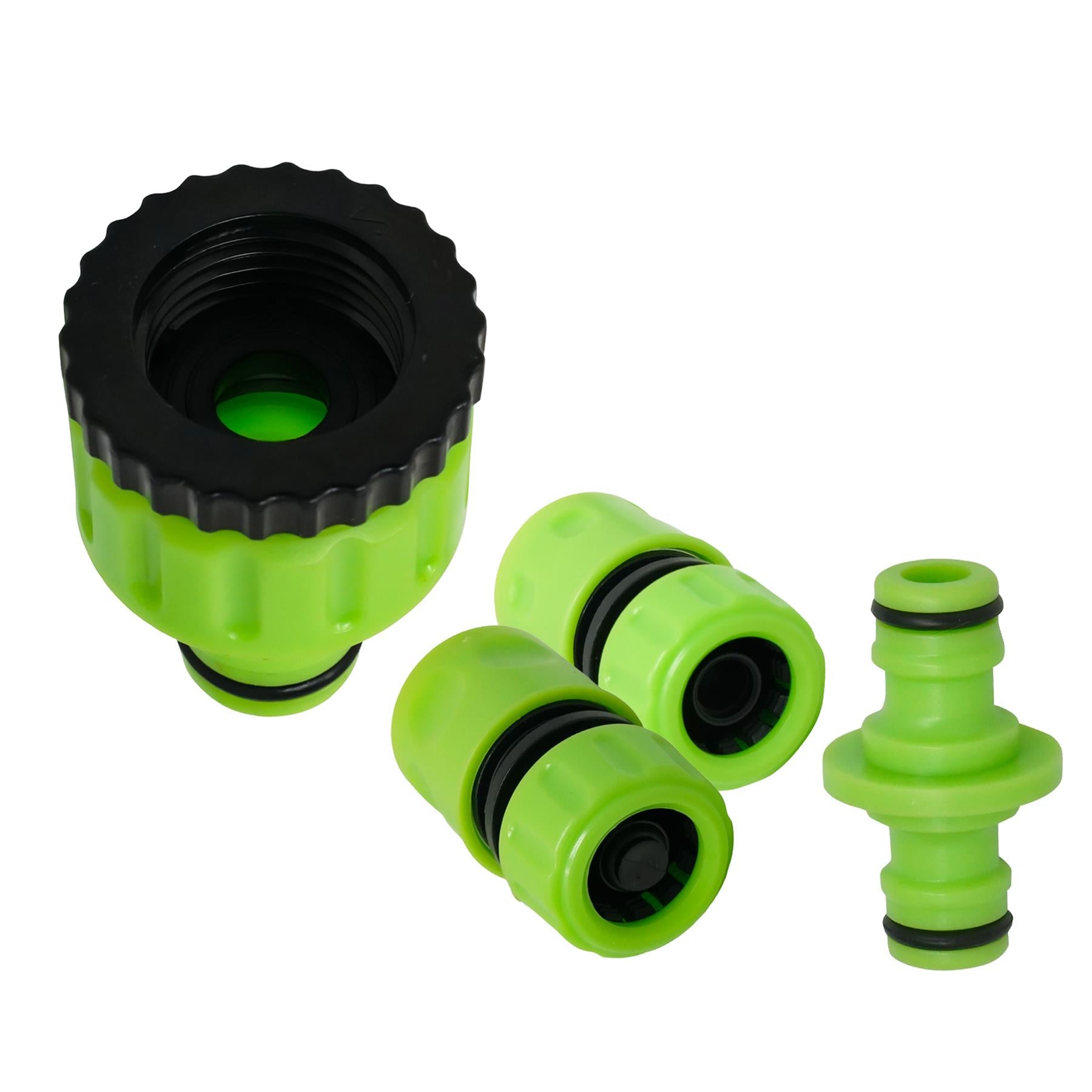 4PC Garden Hose Pipe Fitting Set Adaptor Waterstop 2-Way Connectors 1/2", 3/4"
