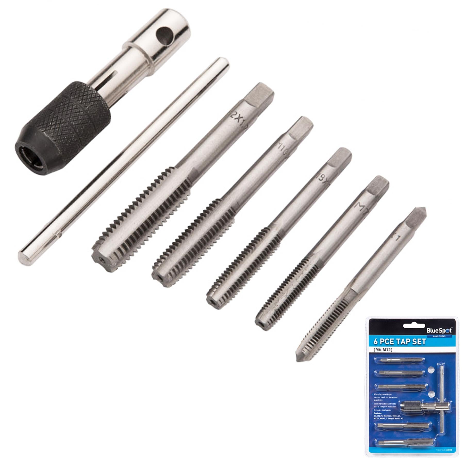 Bluespot 6pc Tap Set Chuck Set Metric M6 M7 M8 M10 & M12 Steel Thread Cutter