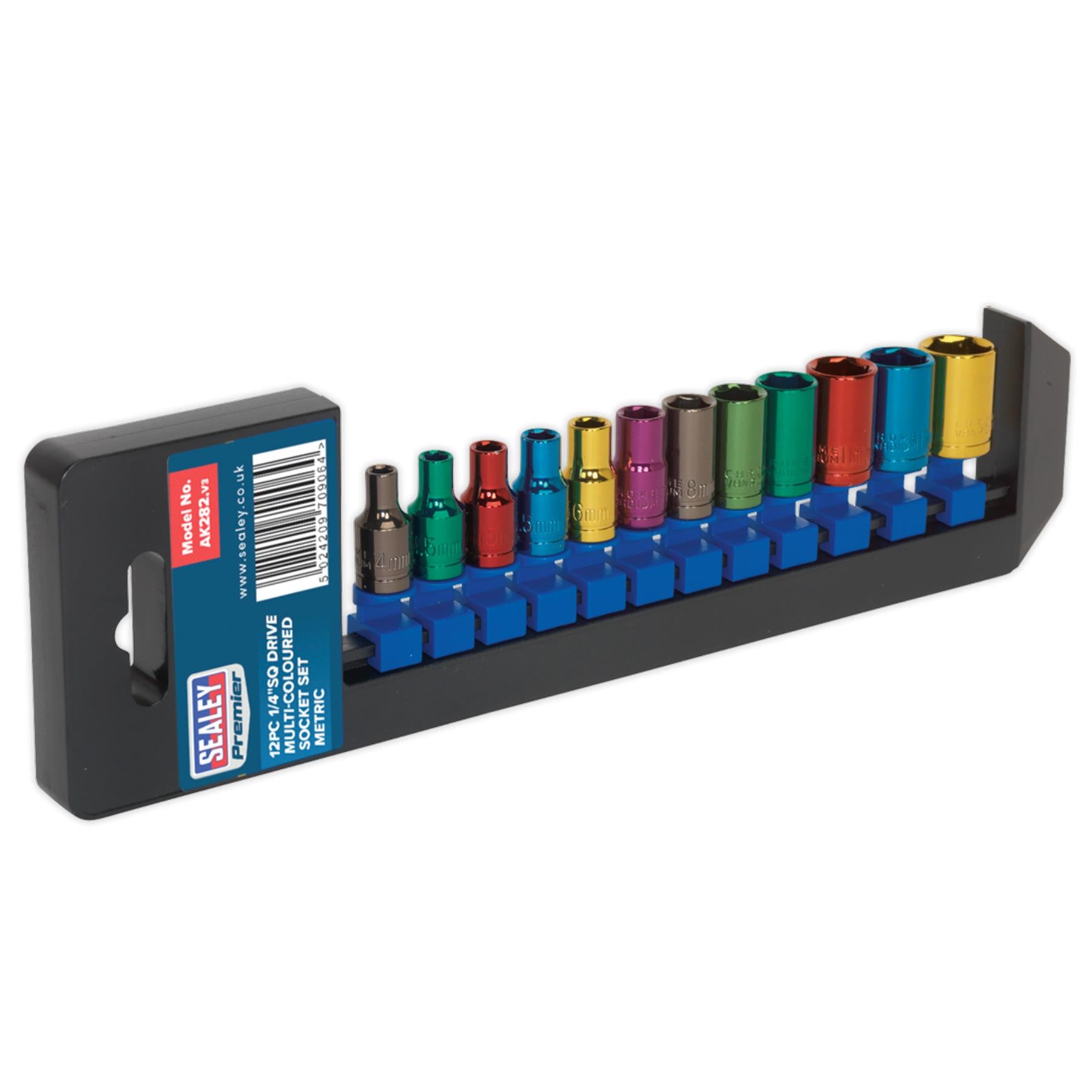 Sealey Multi-Colour Socket Set 12pc 1/4"Sq Dr 6pt WallDrive Metric