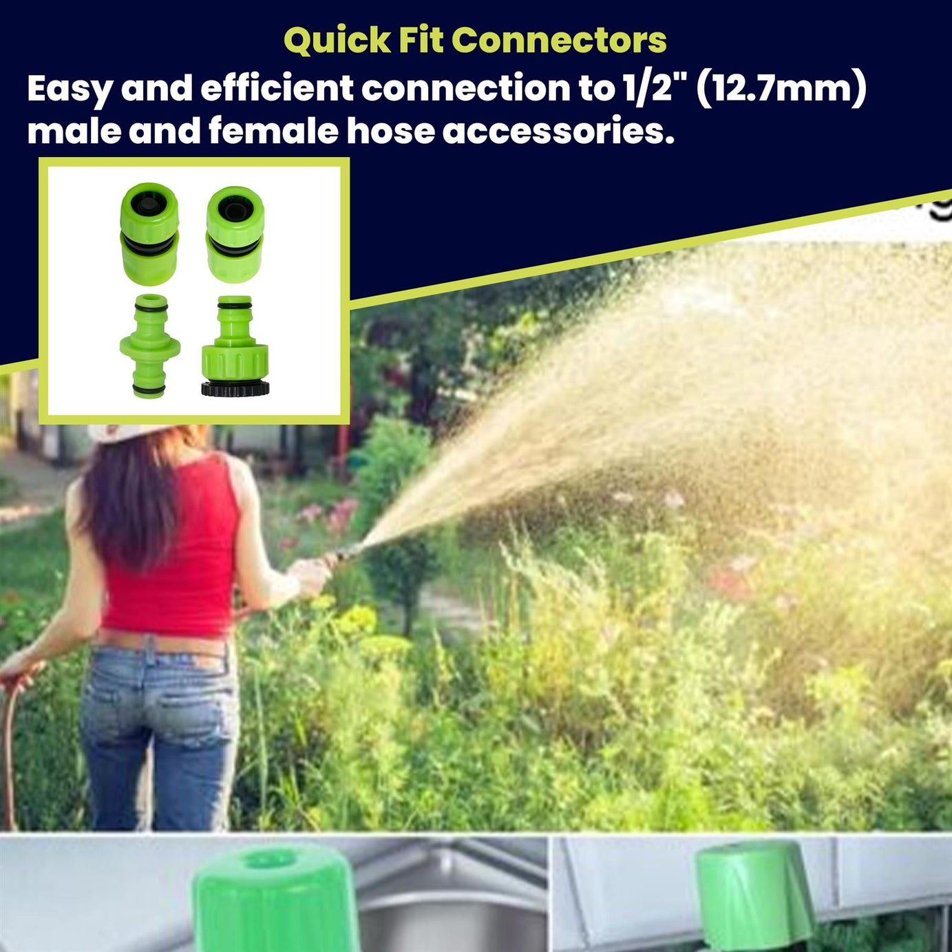 4PC Garden Hose Pipe Fitting Set Adaptor Waterstop 2-Way Connectors 1/2", 3/4"