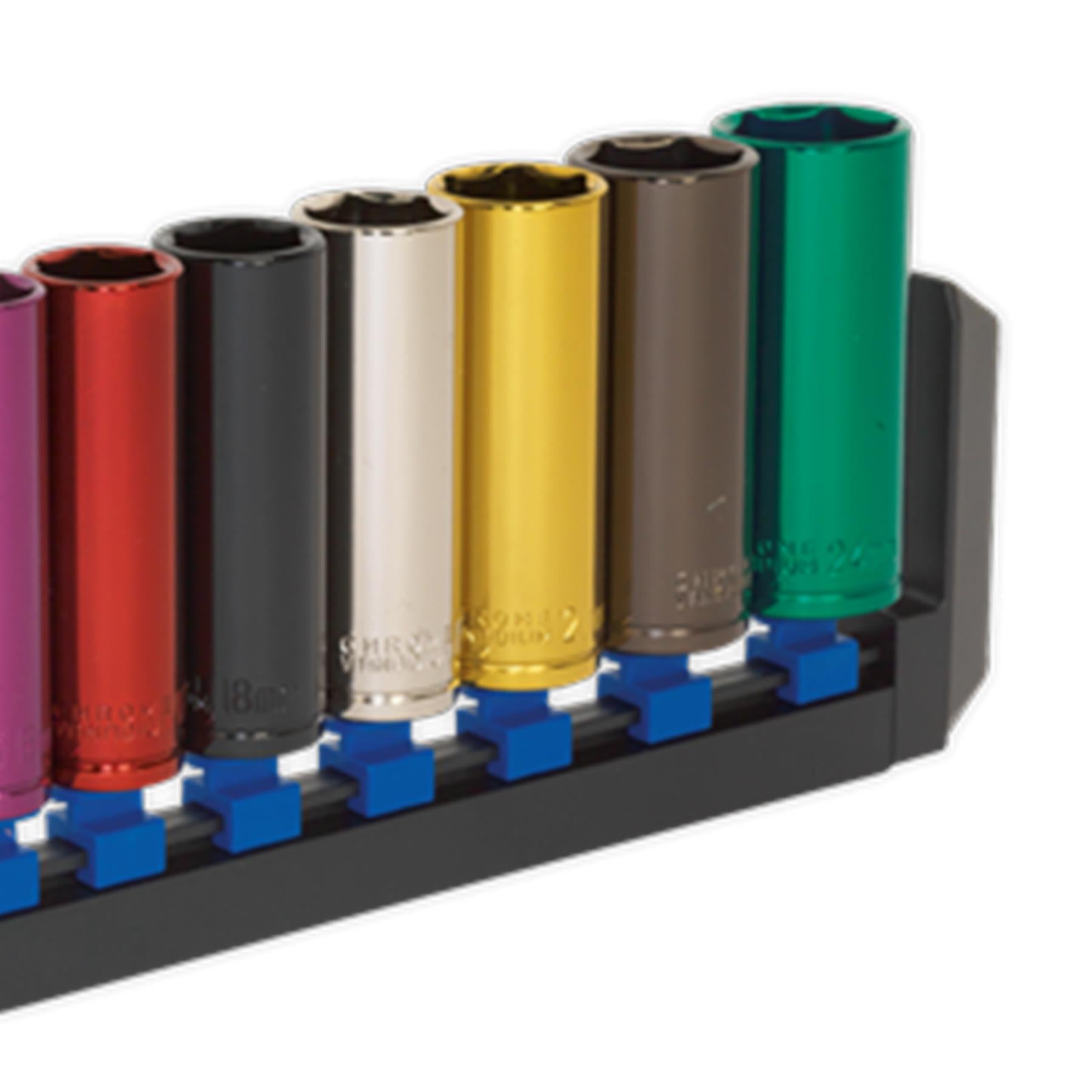 Sealey 10pc Multi Coloured Deep Socket Set 13-24mm 6pt Set 1/2" Sq Drive Metric