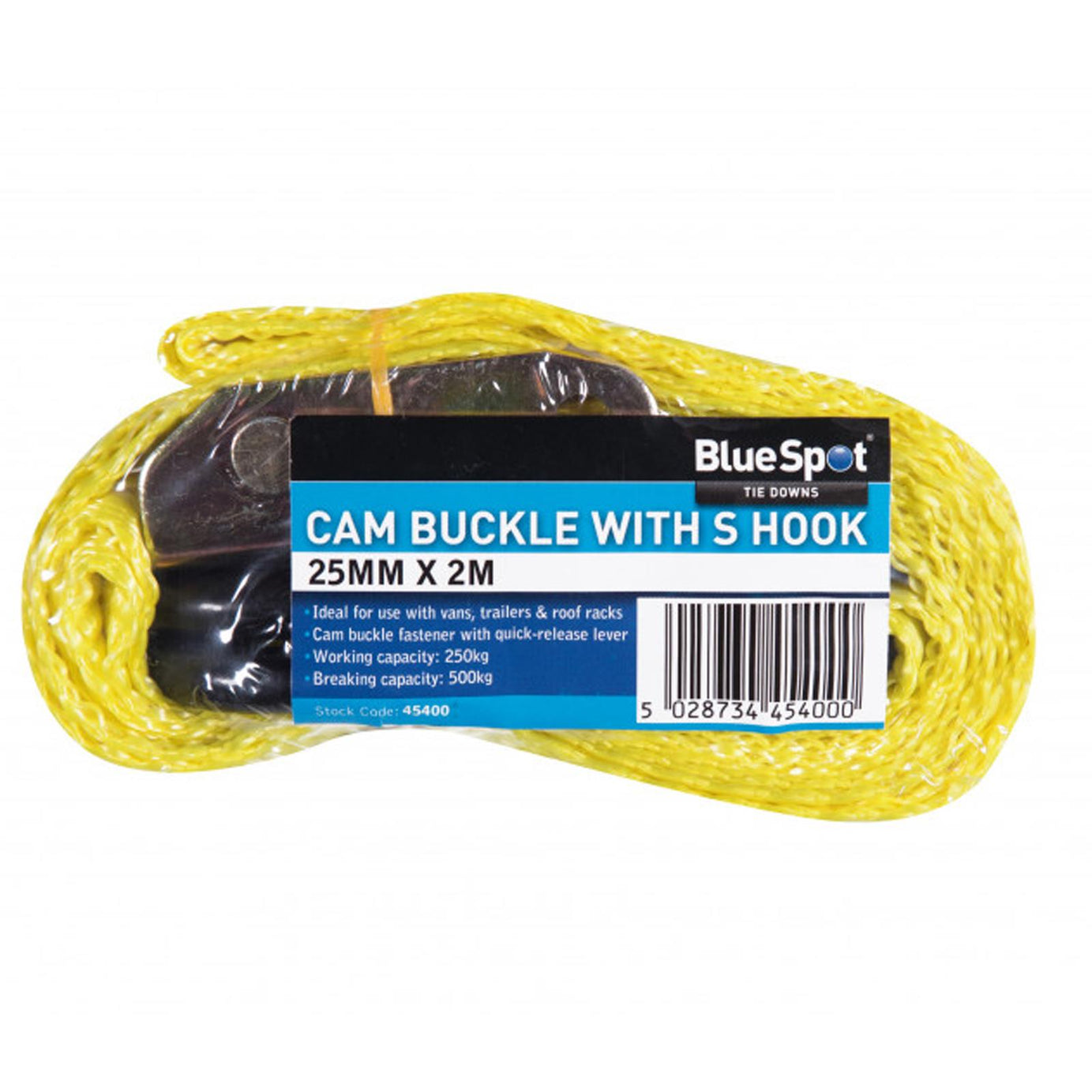 BlueSpot S Hook Cam Buckle (25mm x 2m/6ft) Polyester Webbing With Hooks Tiedown Loads