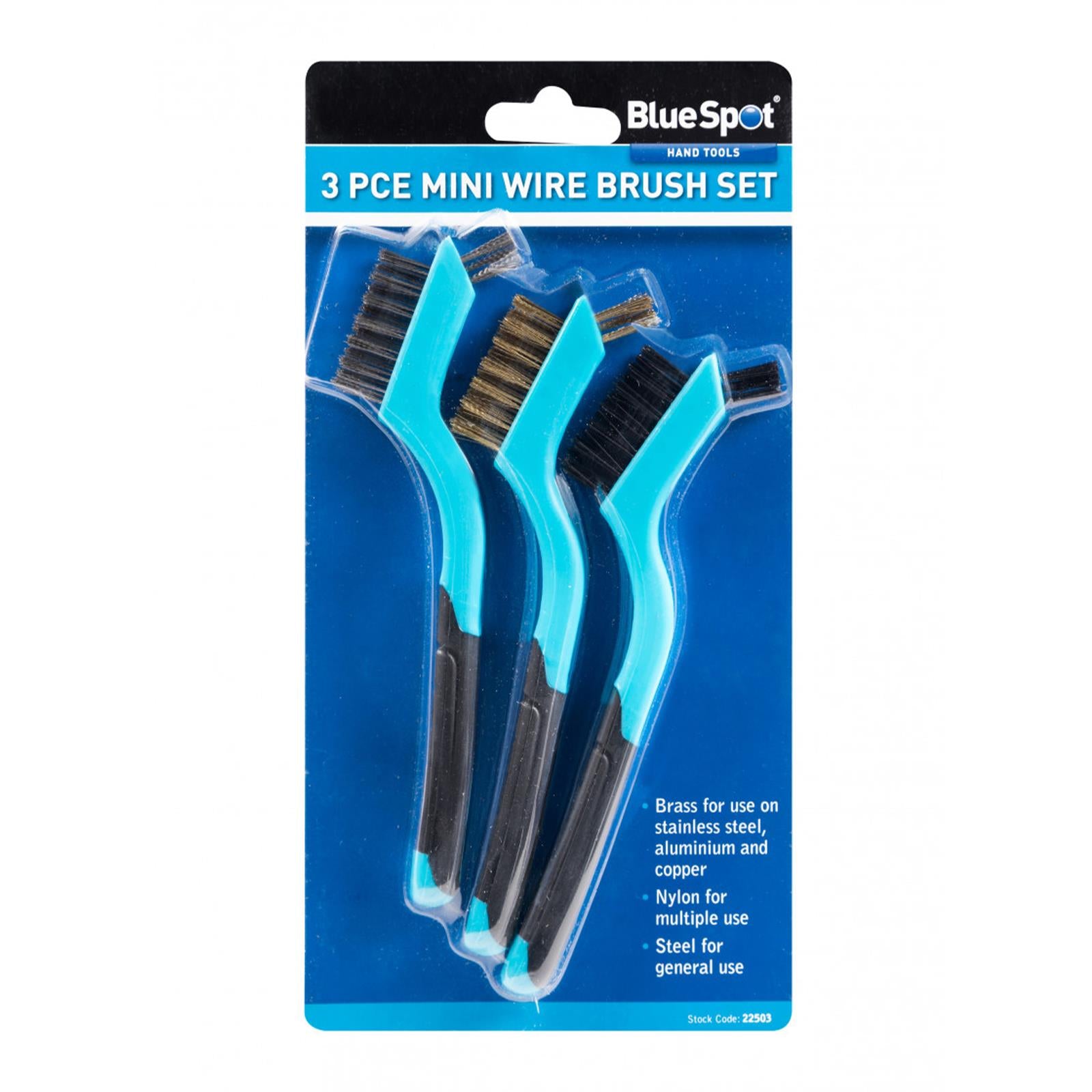 BlueSpot 3pc Soft Grip Mini Wire Brush With Small Tip Bristle Nylon Brass Steel