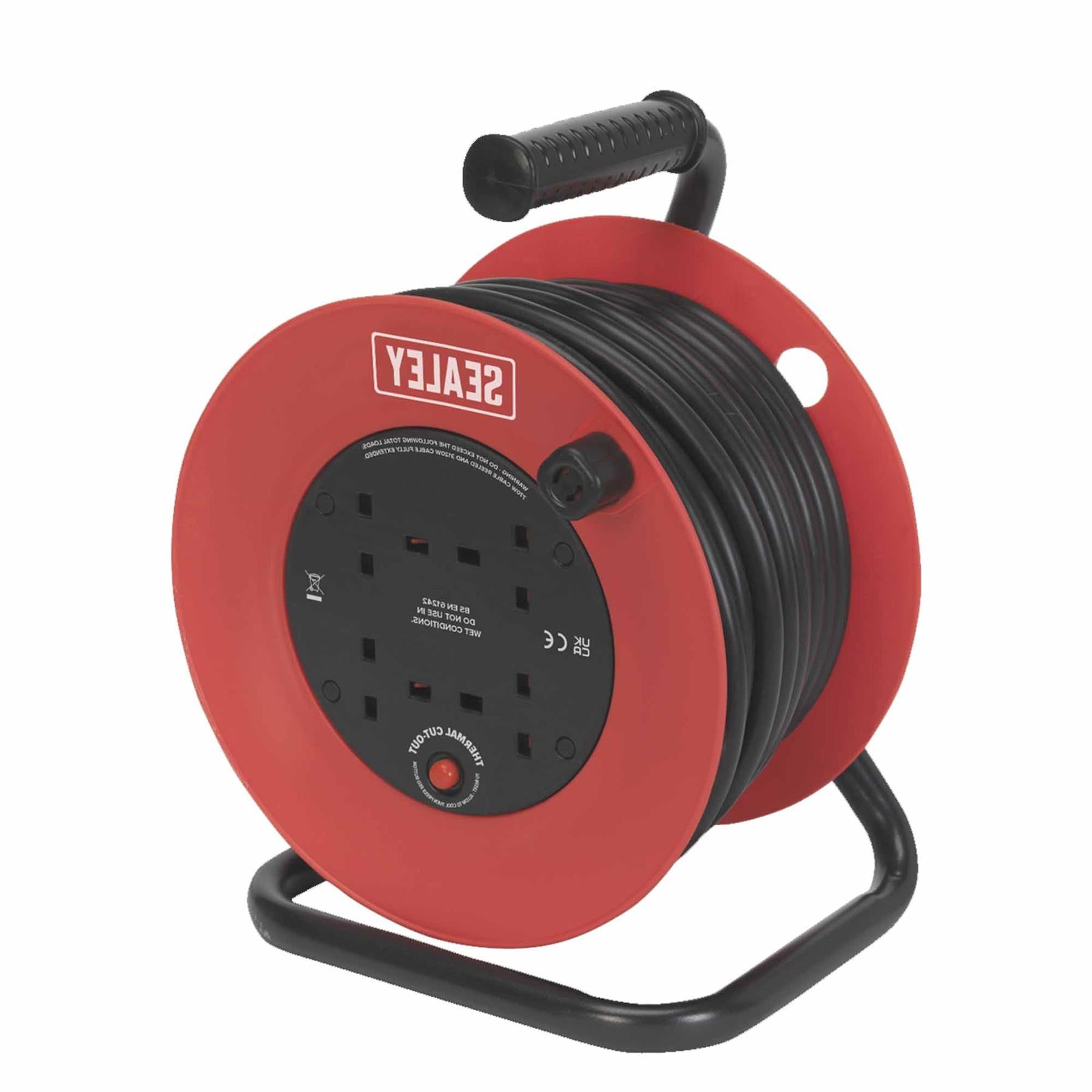 Sealey Cable Reel 25m 4 x 230V 2.5mm Heavy-Duty Thermal Trip CR22525