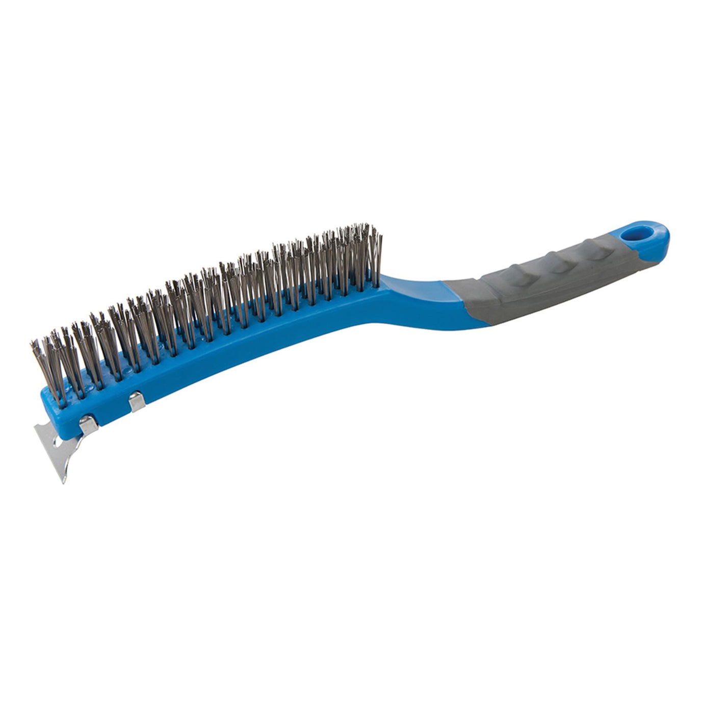 Stainless Steel Wire Brush With Scraper - 3 Row Soft-Grip Rubber Grip Handle