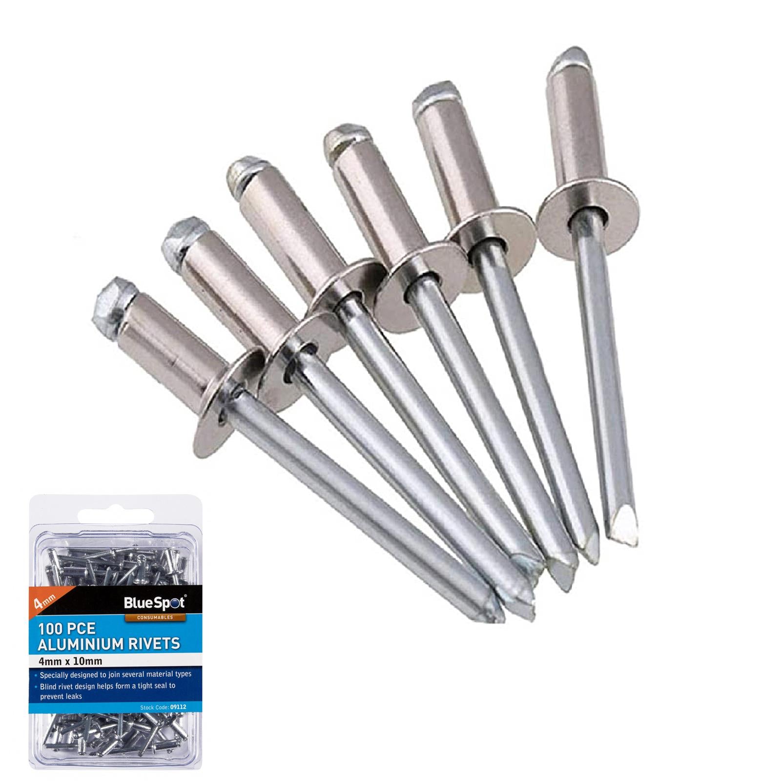100 Pce 4mm X 10mm Large Flange Aluminium Pop Rivets Blind Rivet BlueSpot