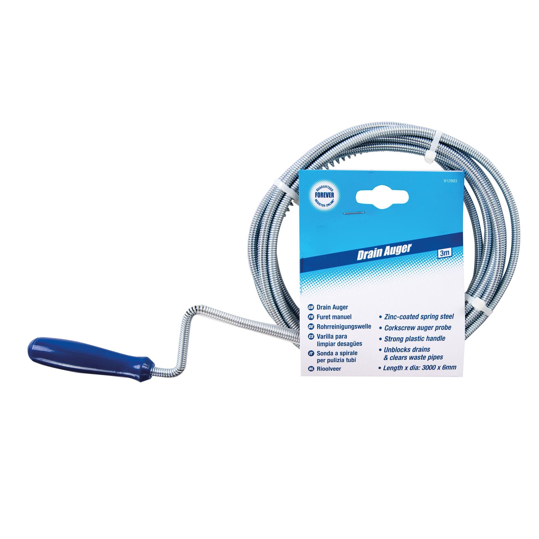 Drain Auger 3M Spring Wire With Corkscrew Auger Probe Strong Plastic Handle