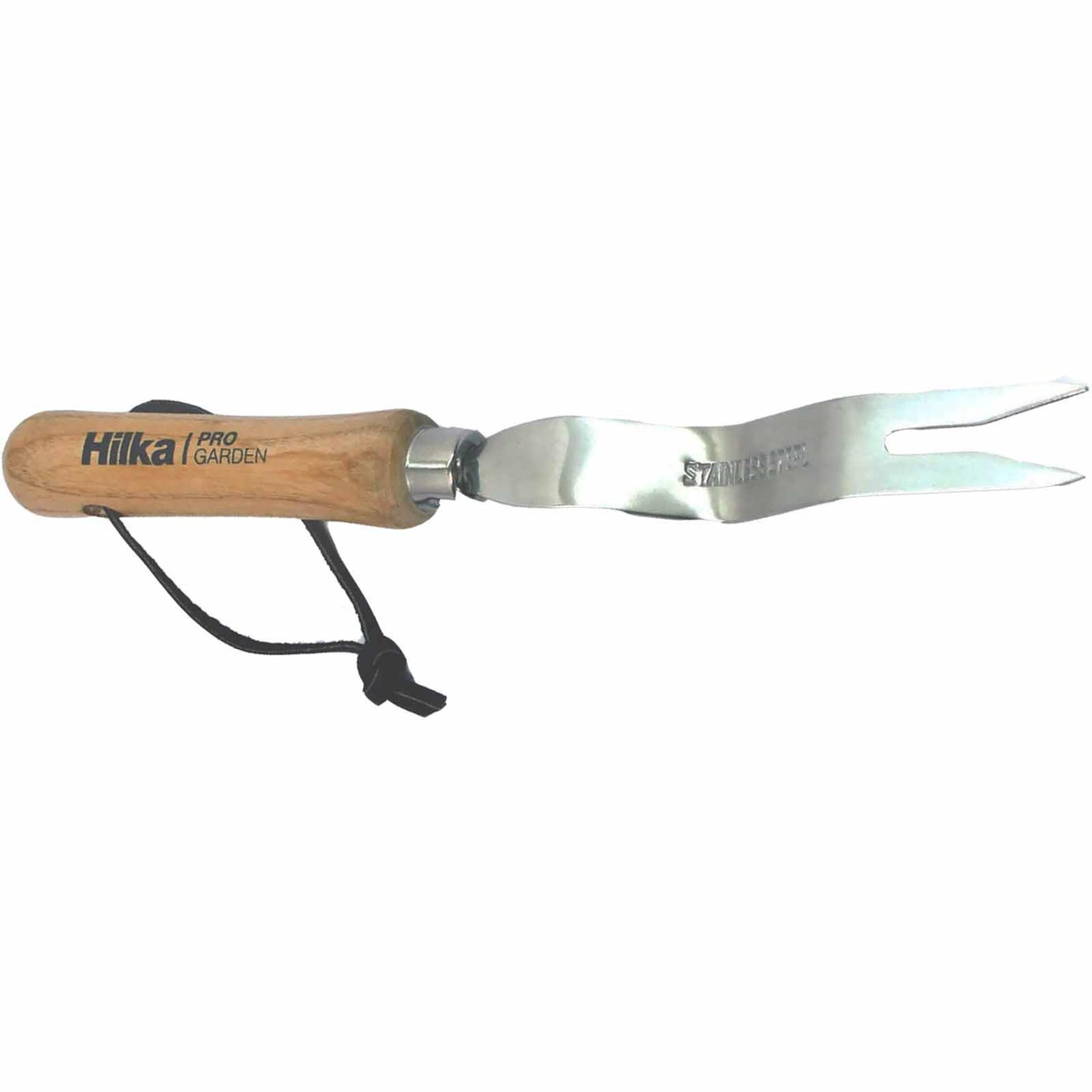 Stainless Steel Hand Weeder with a hardwood handle and leather strap
