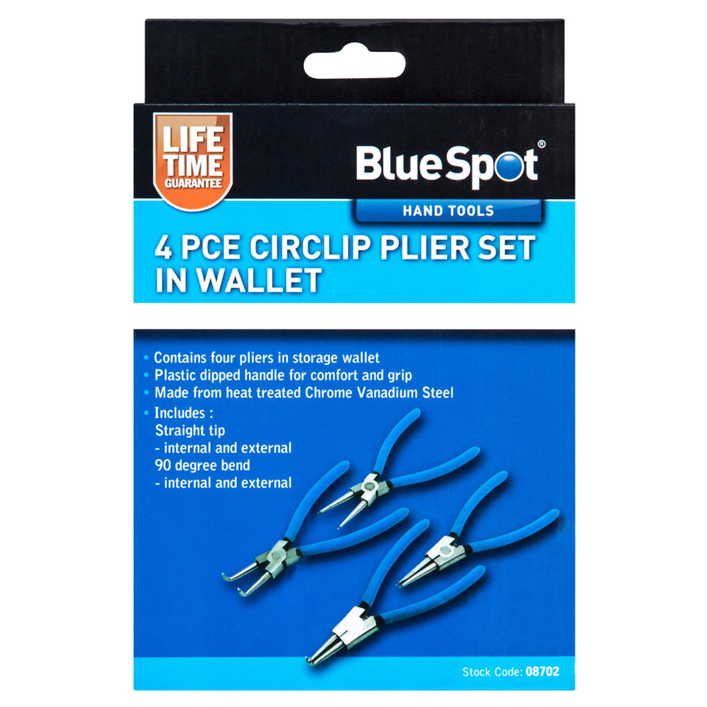 Bluespot 4pc Circlip Snap Ring Pliers Internal External Bent Straight Plier Set