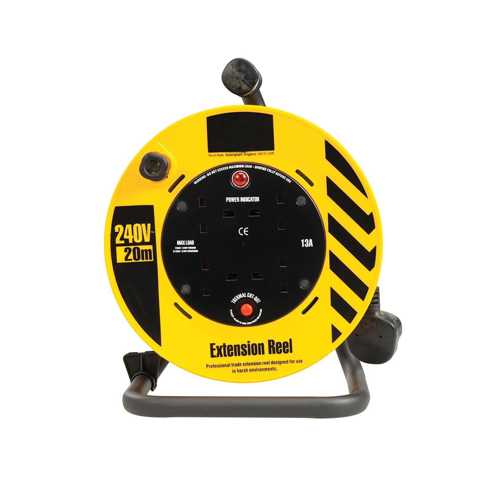 240V 13A Cable Reel 20m 4 Way Lightweight 3 Core Cable Strong Steel Secure Base