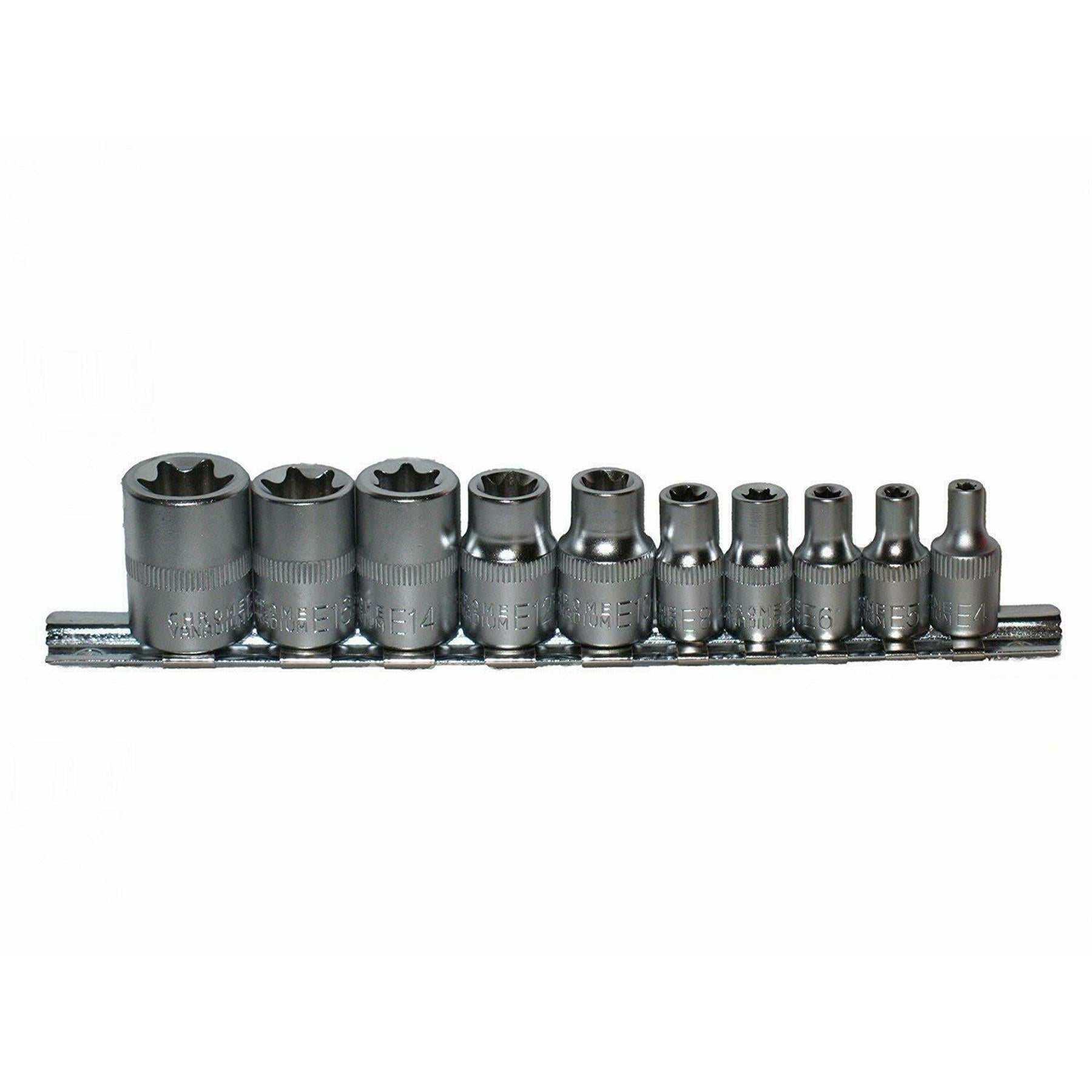 Hilka Female TORX Bit STAR E Socket Set on Rail 1/4” 3/8” & 1/2” Drive. 14 TORX