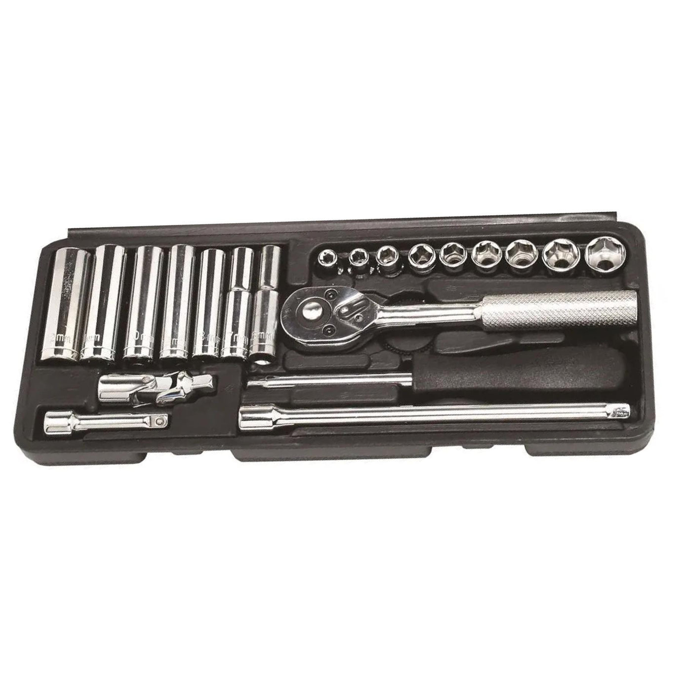 1/4" Drive Socket Set Metric 22 PC Kit Ratchet Deep Sockets Extensions - HILKA