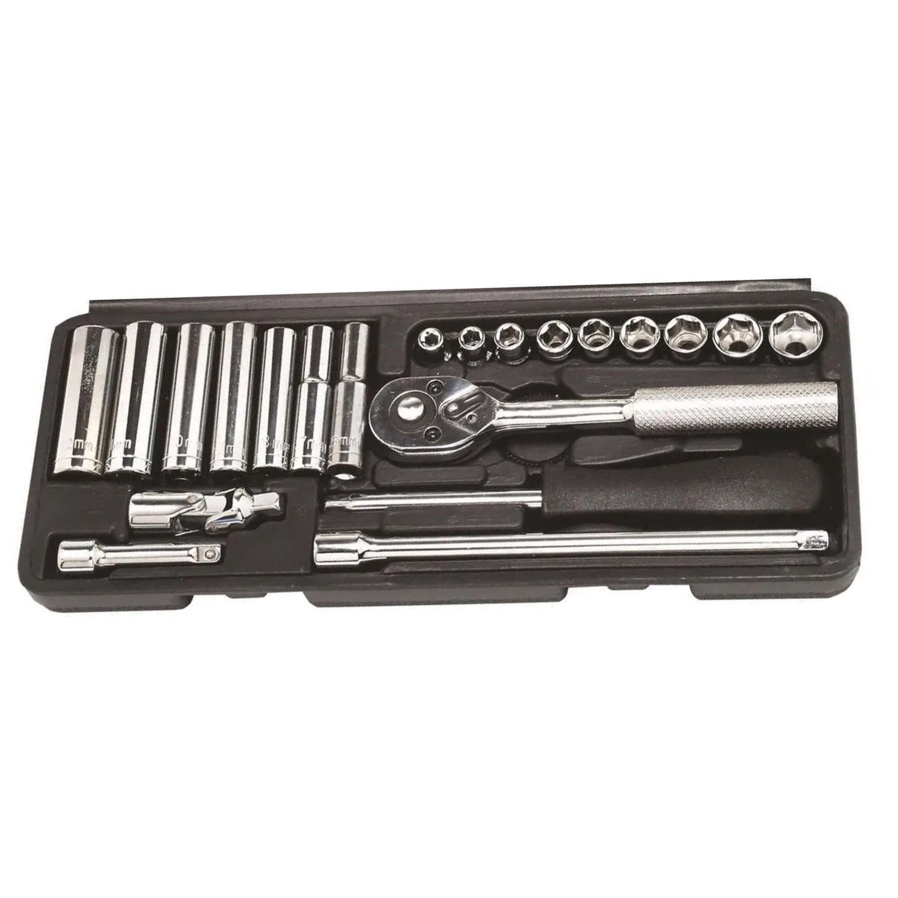 1/4" Drive Socket Set Metric 22 PC Kit Ratchet Deep Sockets Extensions - HILKA
