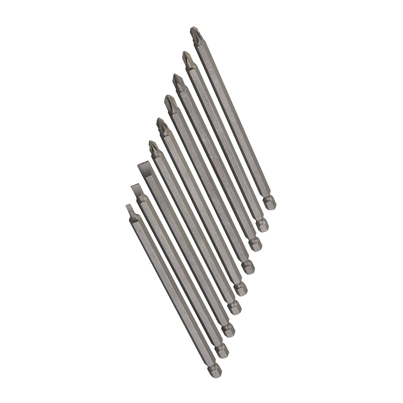 Extra-Long Power Bit Set 9Pce 150mm Chrome Vanadium Steel Slotted, Pz & Phillips
