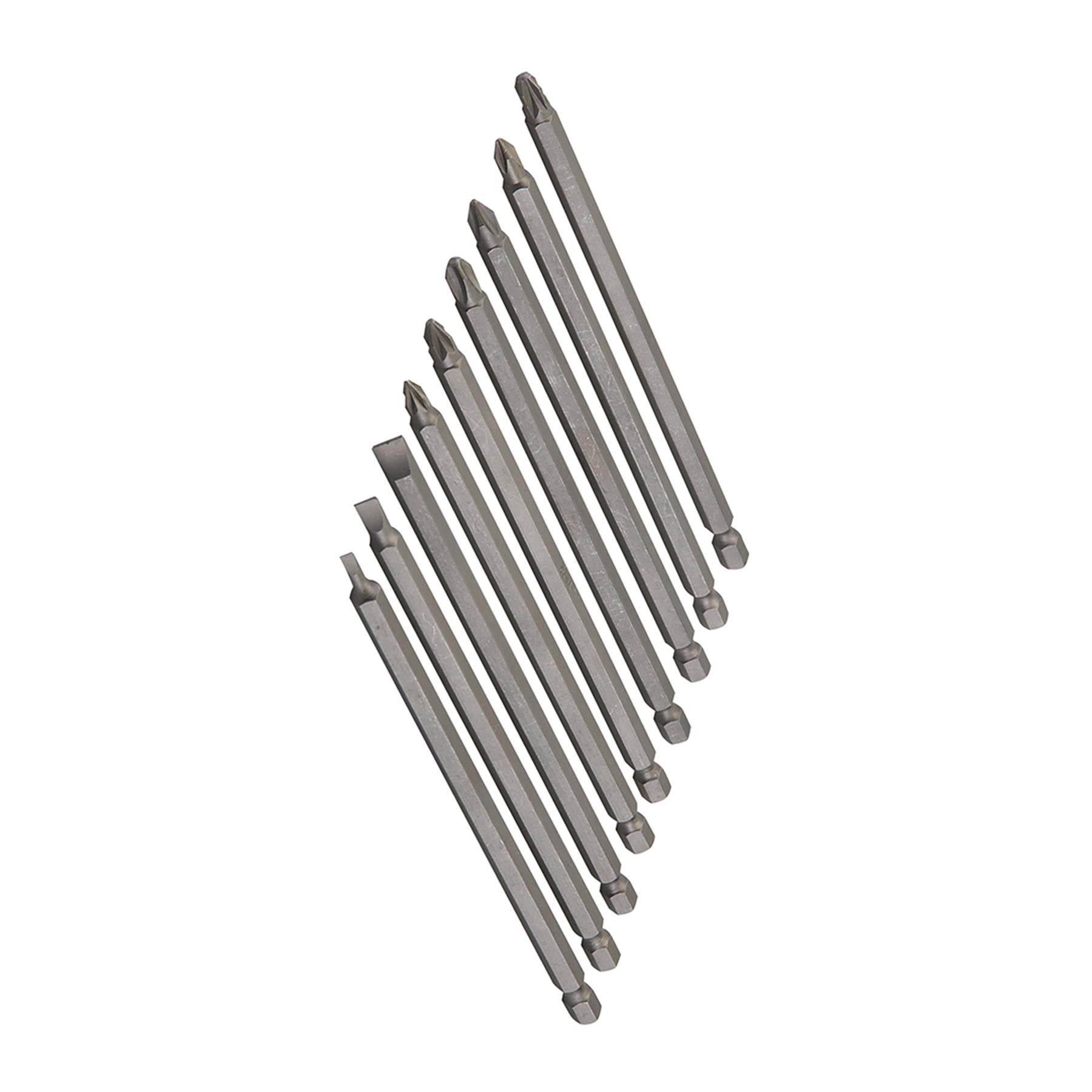 Extra-Long Power Bit Set 9Pce 150mm Chrome Vanadium Steel Slotted, Pz & Phillips