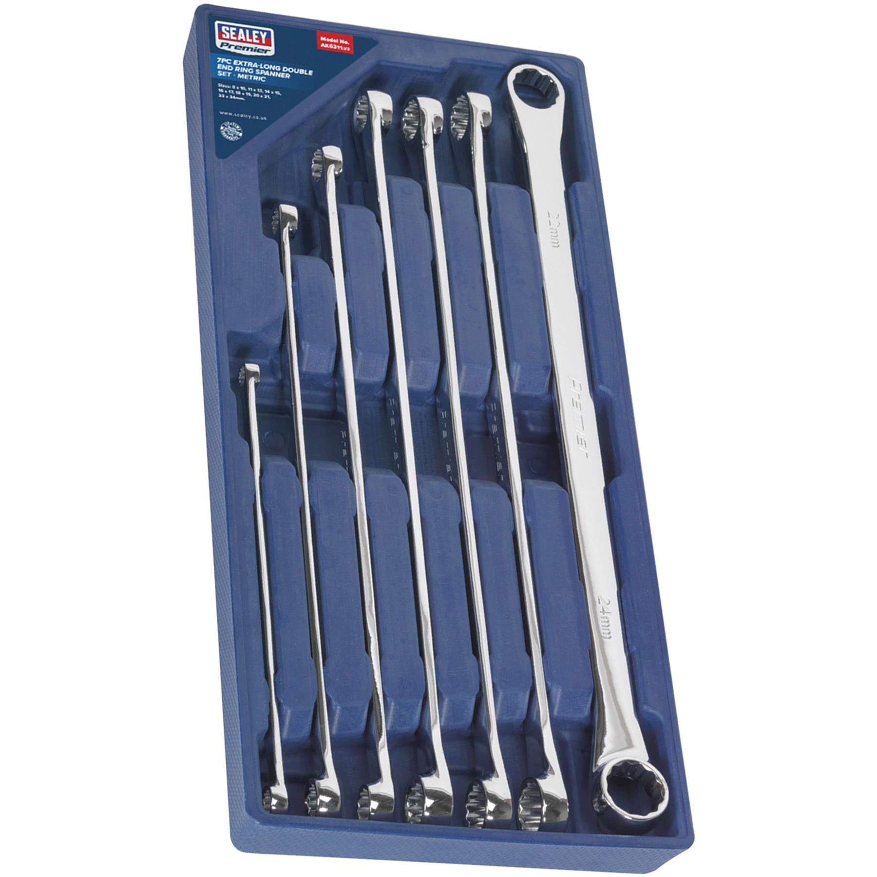 double End Ring Spanner Set 7pc Extra-Long Metric. Sealey