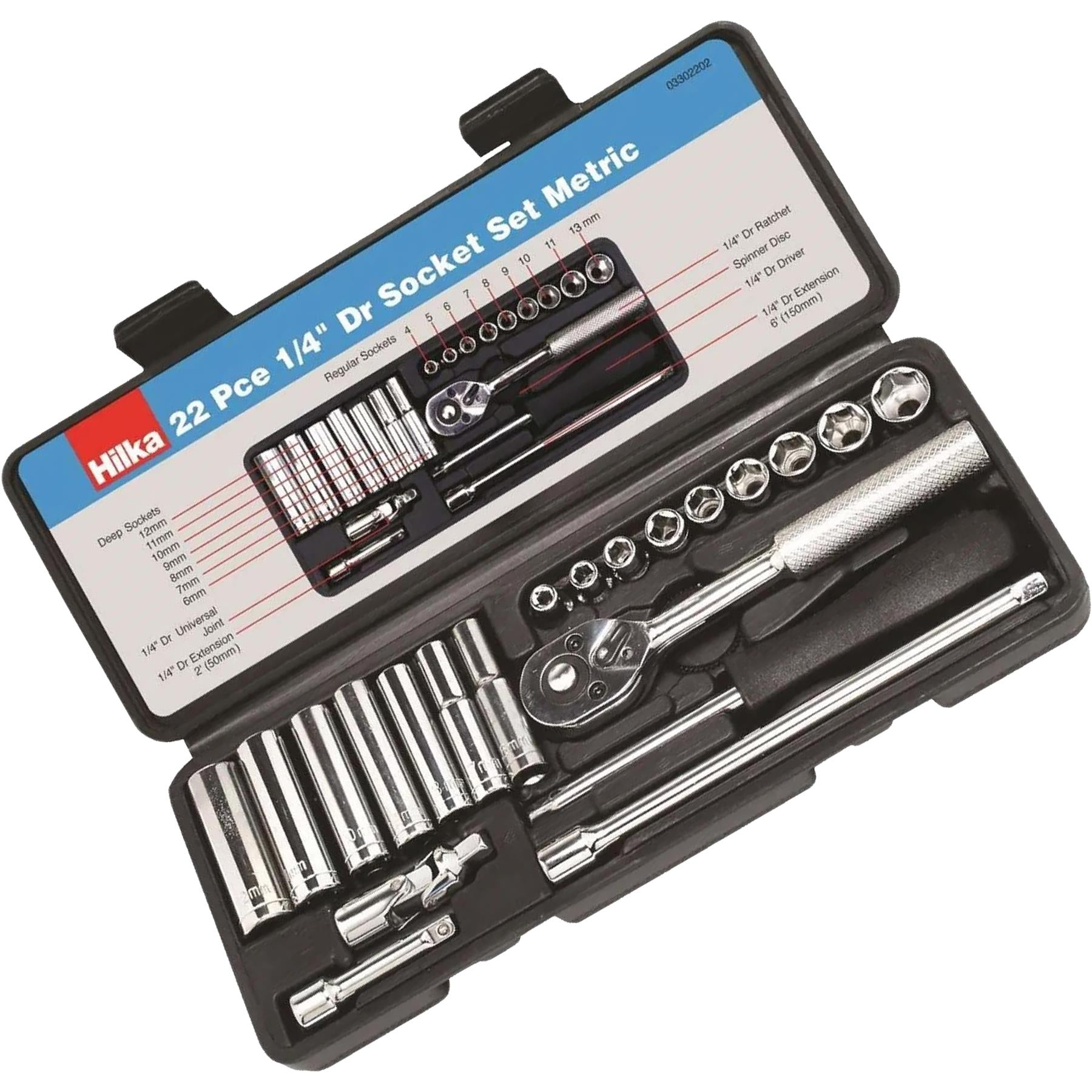 1/4" Drive Socket Set Metric 22 PC Kit Ratchet Deep Sockets Extensions - HILKA