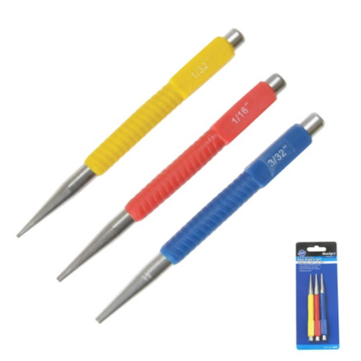BlueSpot 3Pce Nail Punch Set Colour Coded Carbon Steel 1/32" 1/16" 3/32" 1.5/2/3mm