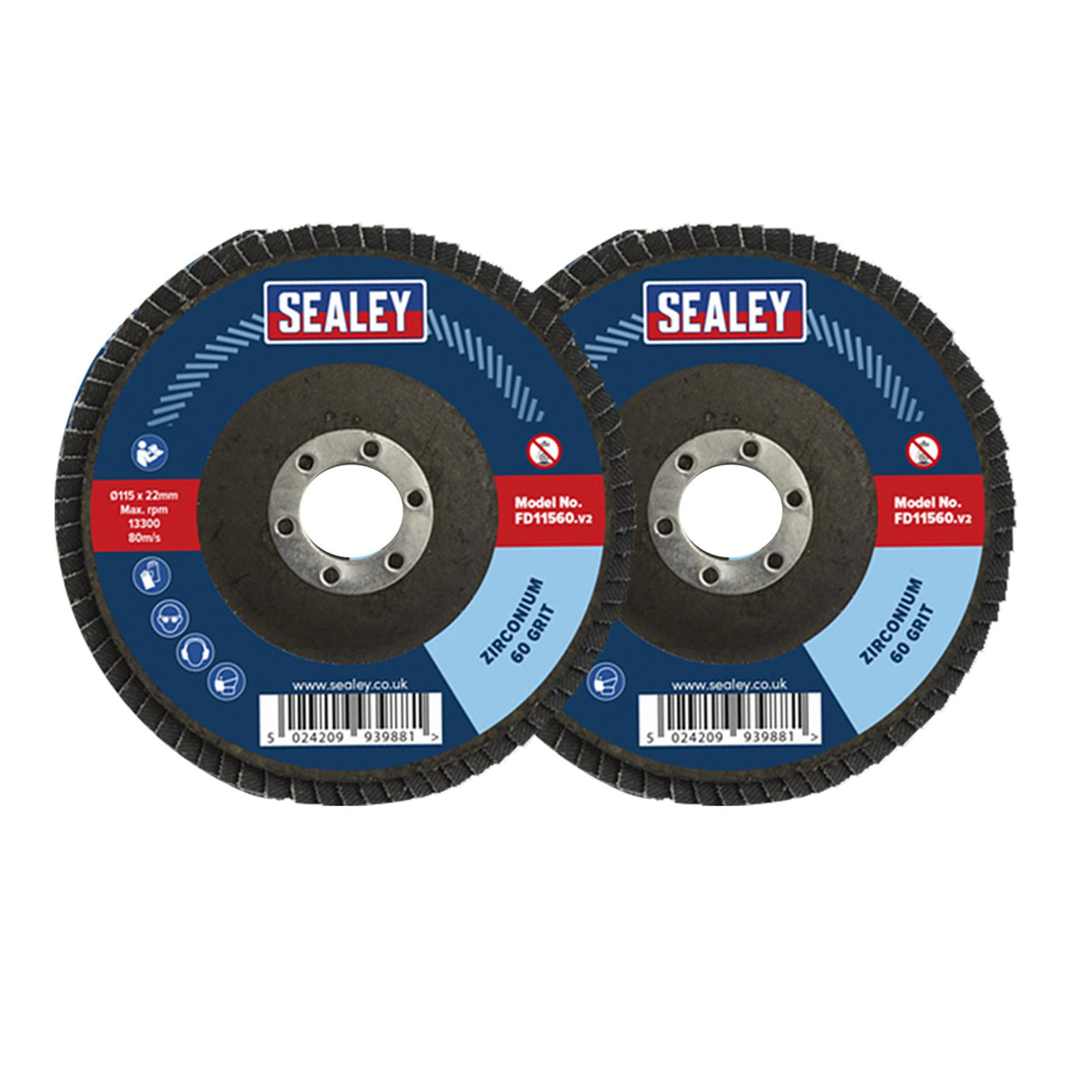 Sealey Assorted Grit Flap Discs Zirconium �115mm �22mm Bore - Pk 10