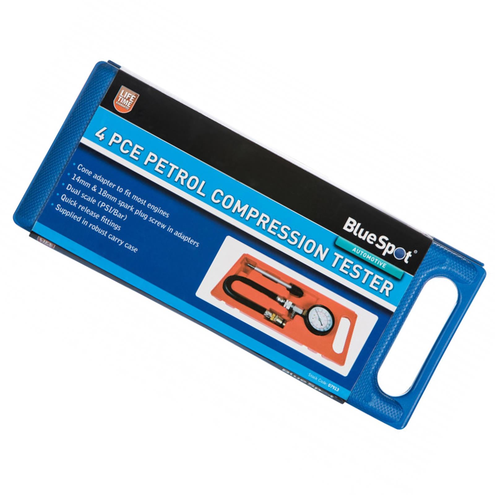 BlueSpot 4Pce  New Petrol Engine Cylinder Pressure Tester Car Compression Gauge Test Kit + Case
