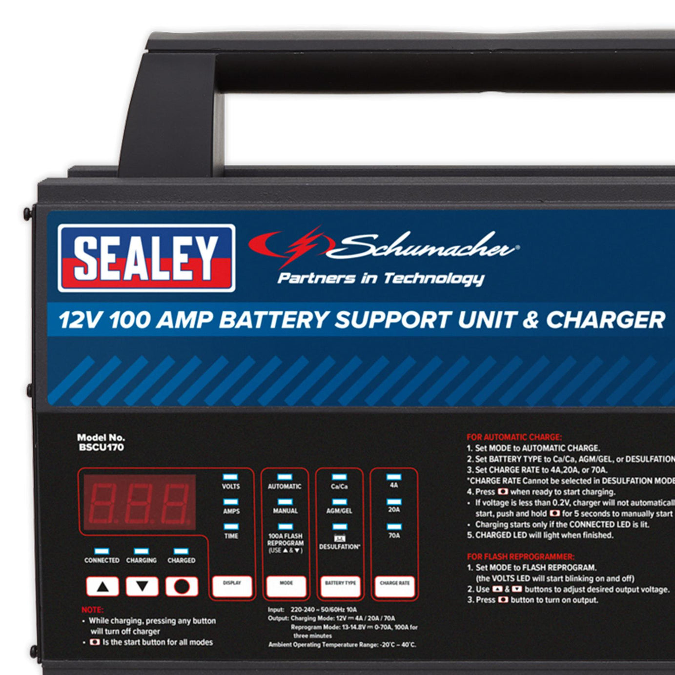Sealey Schumacher Battery Support Unit & Charger - 12V 100A