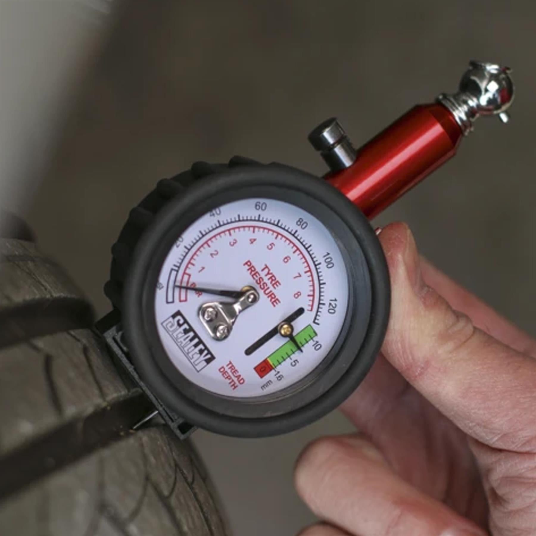Sealey Tyre Pressure Gauge with Tread Depth Gauge 0-8bar(0-120psi)