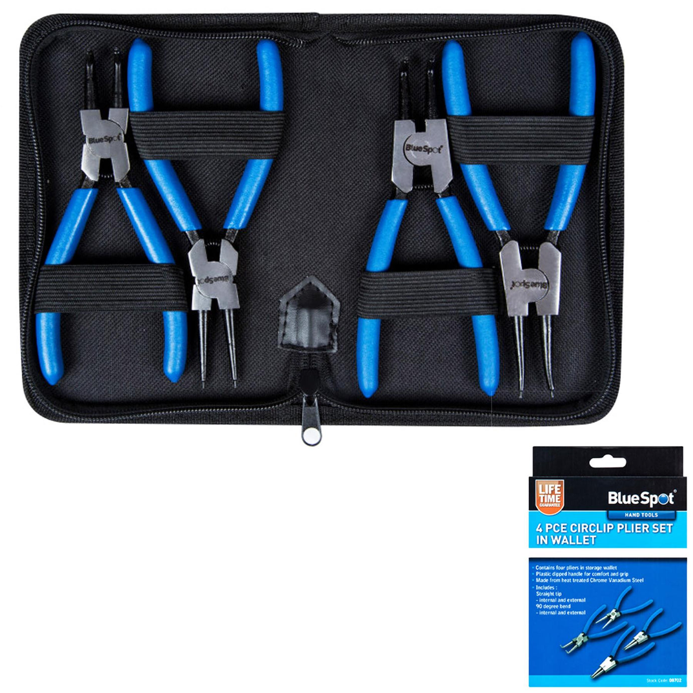 Bluespot 4pc Circlip Snap Ring Pliers Internal External Bent Straight Plier Set